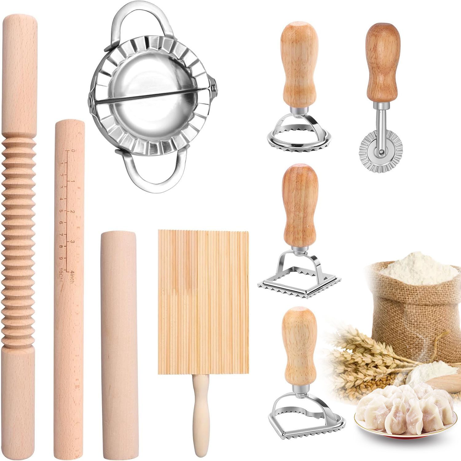 SURFOU Nudelmaschine 9 Stück Nudelherstellungs Set Edelstahl Effizientes, mit Ravioli Stempel Ausstechern Nudelhölzern Teigschneider Tortellini