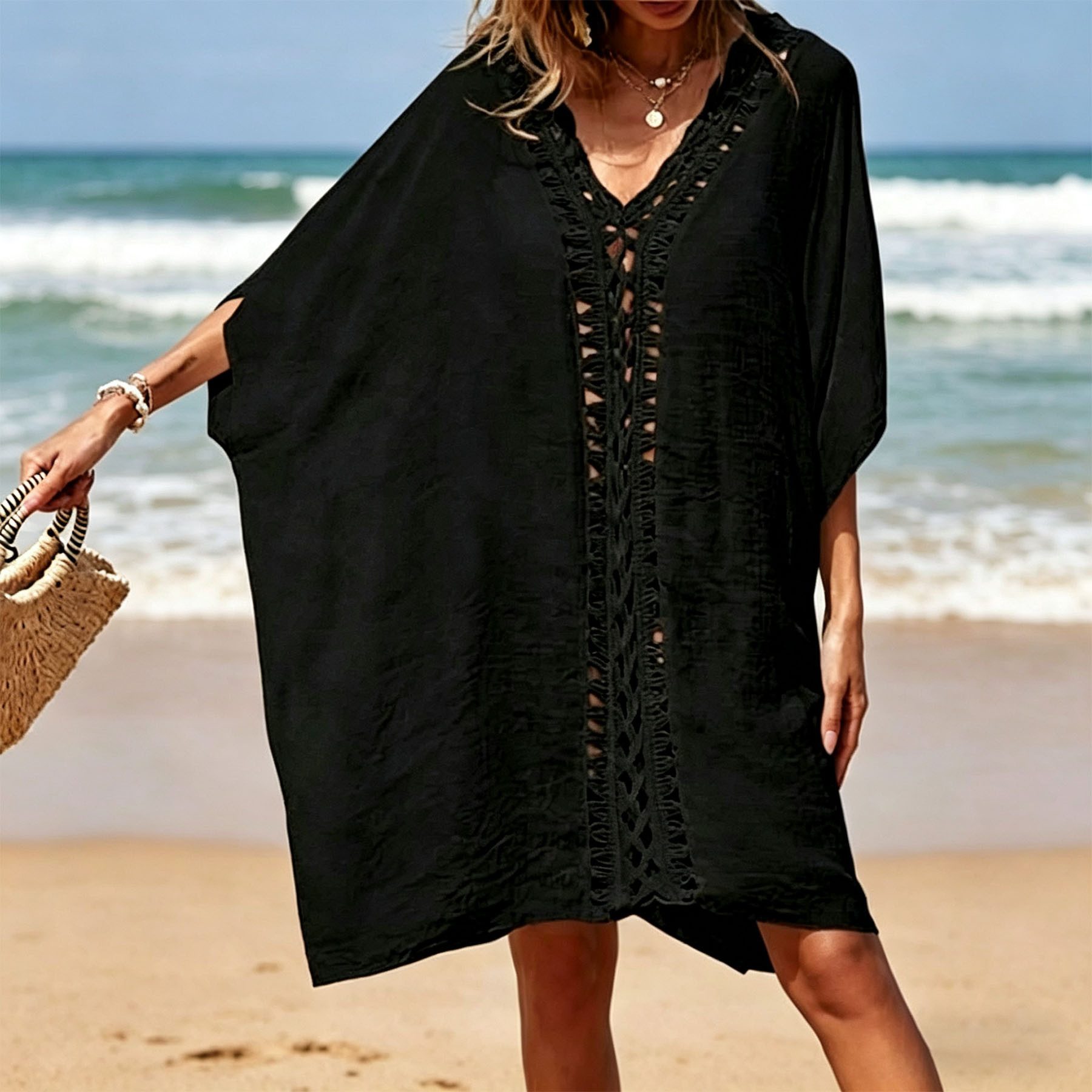 Mutig Strandkleid Damen Plus-Size-Strandkleid, Badeanzug-Überwurf, Häkel-Design-Kleid (Sommer Strandponcho, Leichter Bikini Überwurf für Strand & Urlaub, Beste Übereinstimmung für Bikini, Shorts, Badeanzug usw) Sie wirkt auch bei kurvigeren Frauen sehr attraktiv und stilvoll