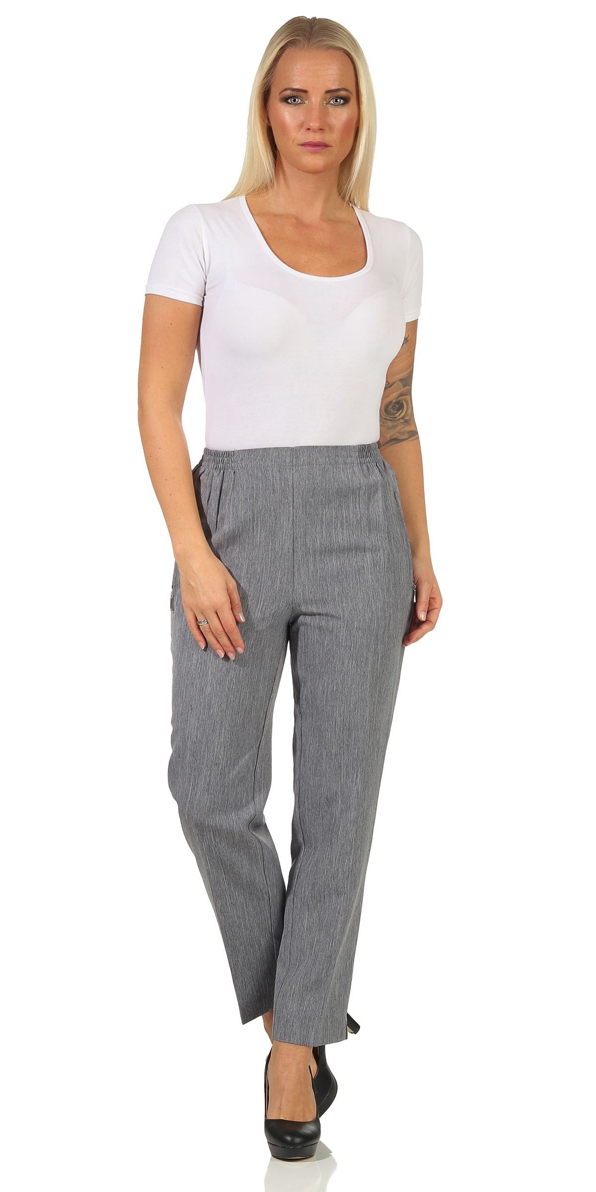Aurela Damenmode Schlupfhose Stoffhose Damen Anzug- oder Business Hose Kurzgröße Teil-Gummizug, Bügelfalte, Reißverschlusstaschen