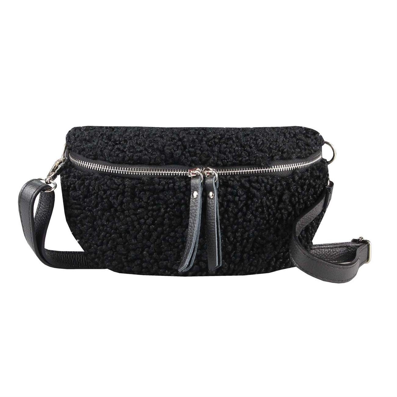 ITALYSHOP24 Bauchtasche Damen Teddyfell Plüsch Hüfttasche CrossBody Leder, als Schultertasche, Gürteltasche, Umhängetasche tragbar