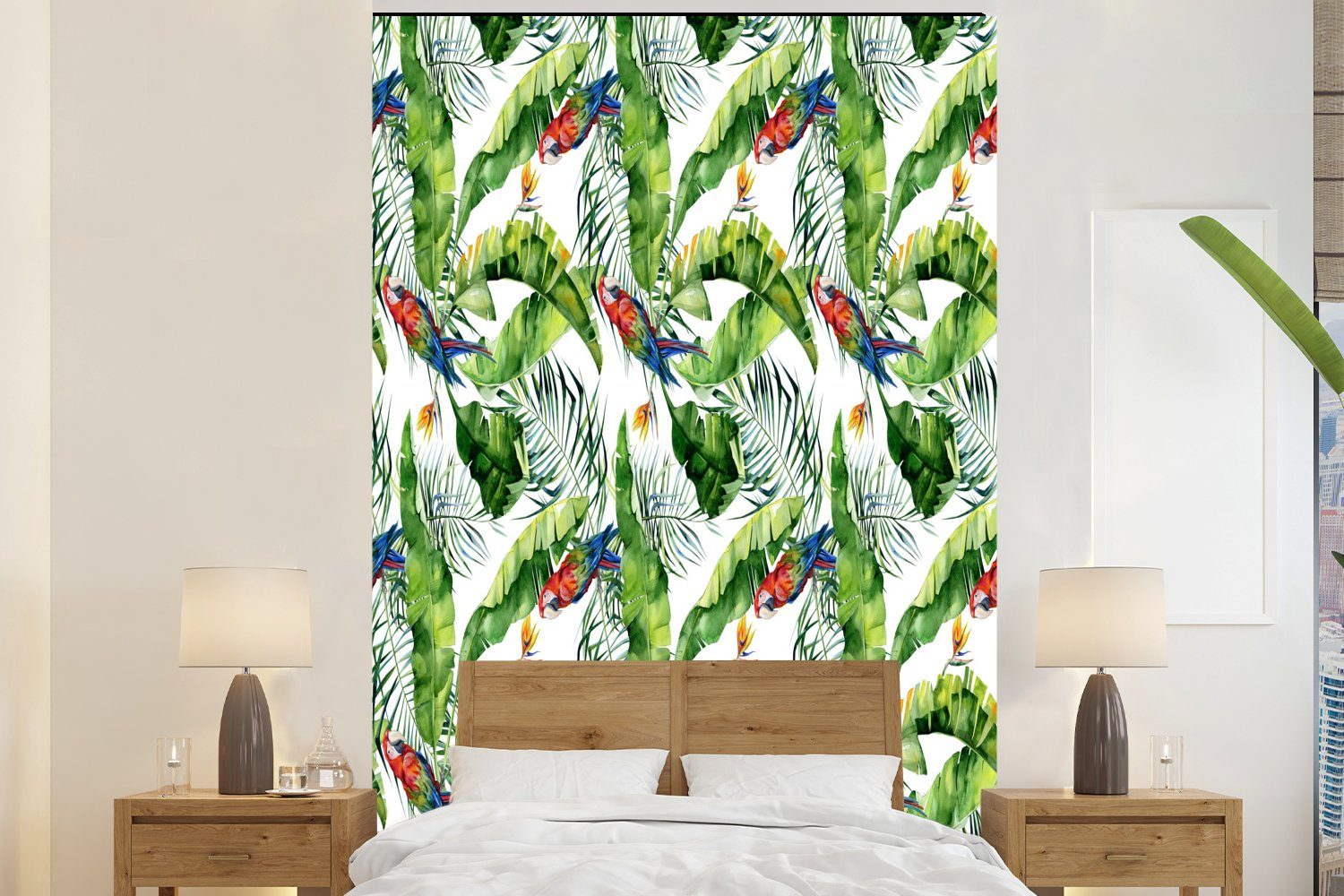 MuchoWow Fototapete Blumen - Paradiesvogelpflanze - Papagei, Matt, bedruckt, (3 St), Montagefertig Vinyl Tapete für Wohnzimmer, Wandtapete