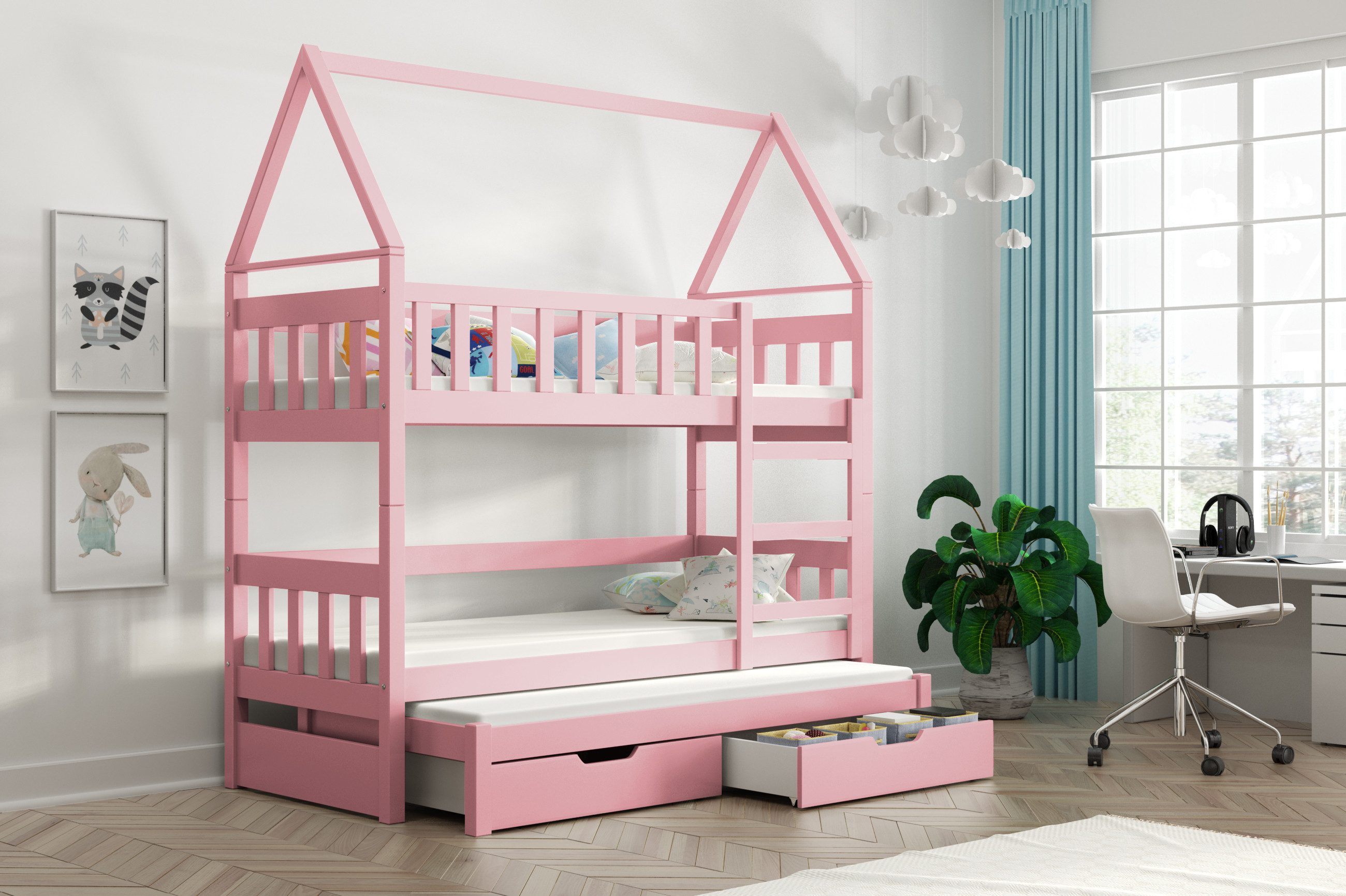 thematys Hochbett mit abnehmbaren Rausfallschutz Haus Etagenbett Stockbett für 3 Kinder (MADE IN EU - zwei Schubladen, Ausziehbett - 80x160 oder 80x180cm, Kinderbett für Jungen und Mädchen, robust, sicher, viele bunte Farben) umbaubar zu drei Kinderbetten + INKL 3 Schaumstoffmatratzen