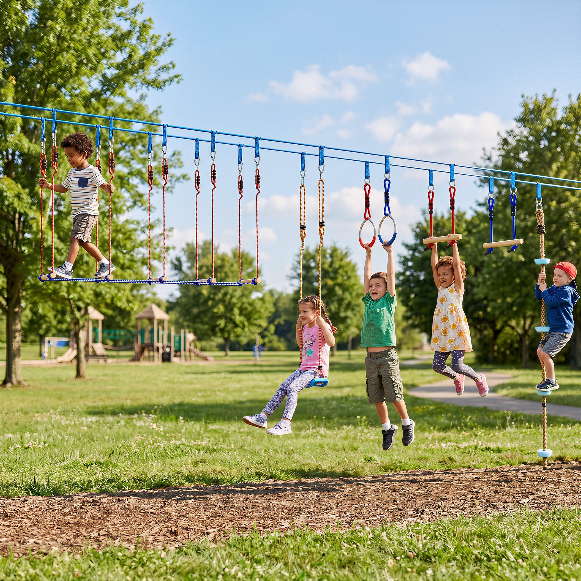 AIYAPLAY Slackline 24 m Ninja Line Kinder mit Turnringe 7 Hindernissen Kletterstange, für 3-6 Jahre Kinder Rot+Blau