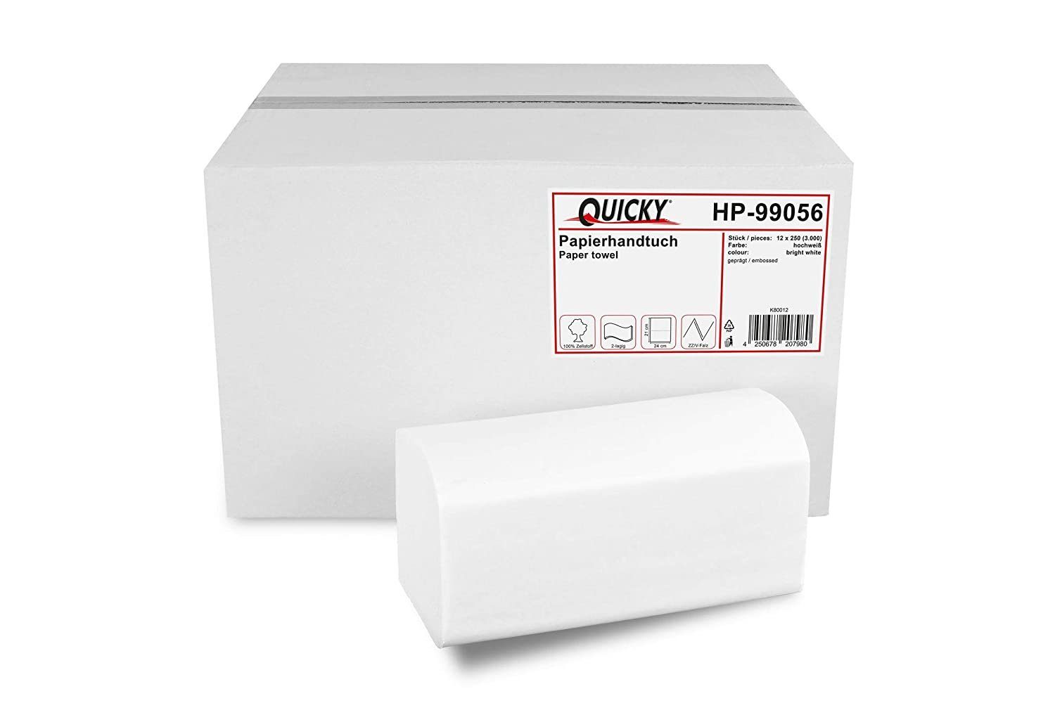 Quicky Papierhandtuch Zellstoff hochweiß, 2-lagig, 24 x 21 cm, 3.000 Blatt, ZZ/V-Falz