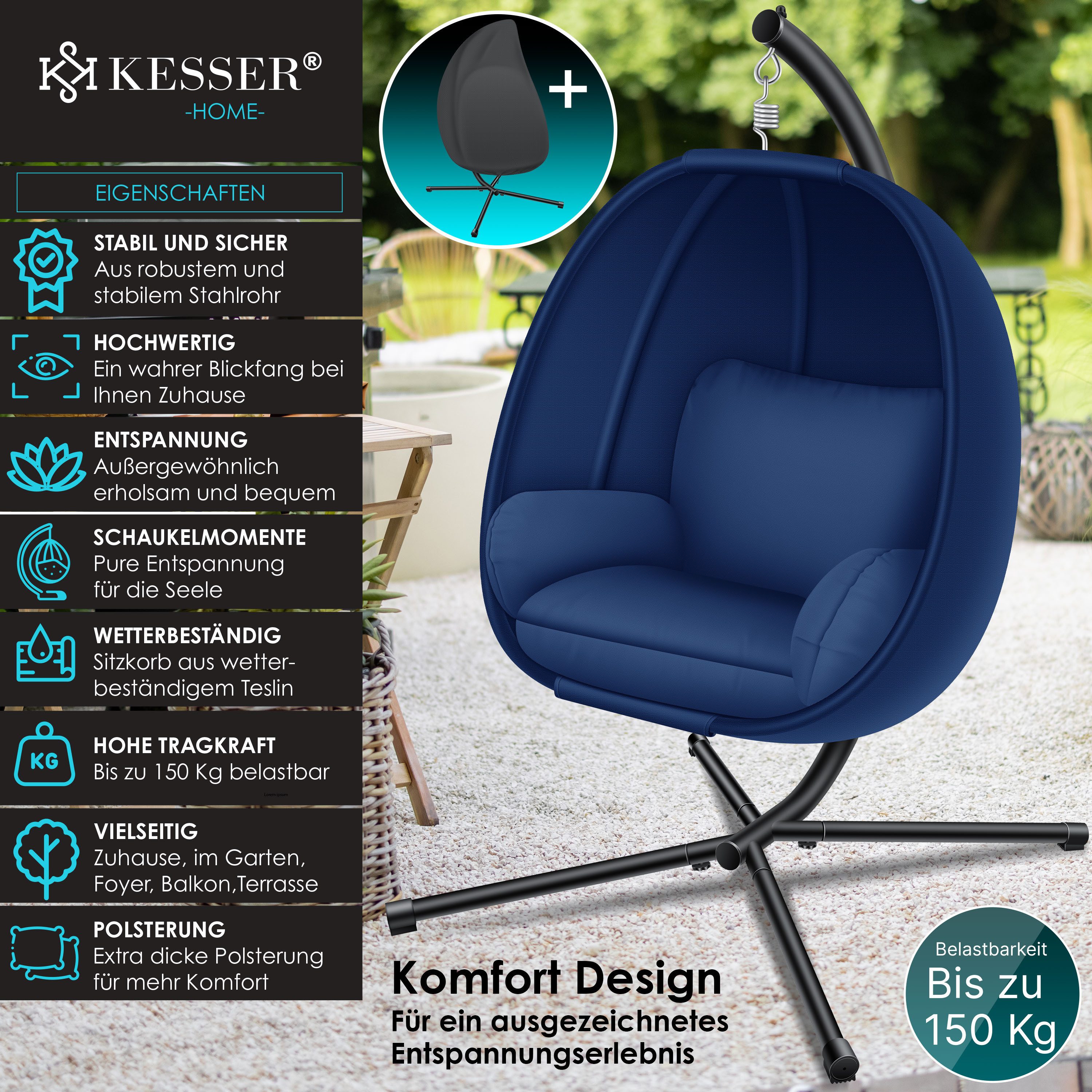 KESSER Hängesessel, Luxe Hängesessel mit Gestell weicher Sitzkissen