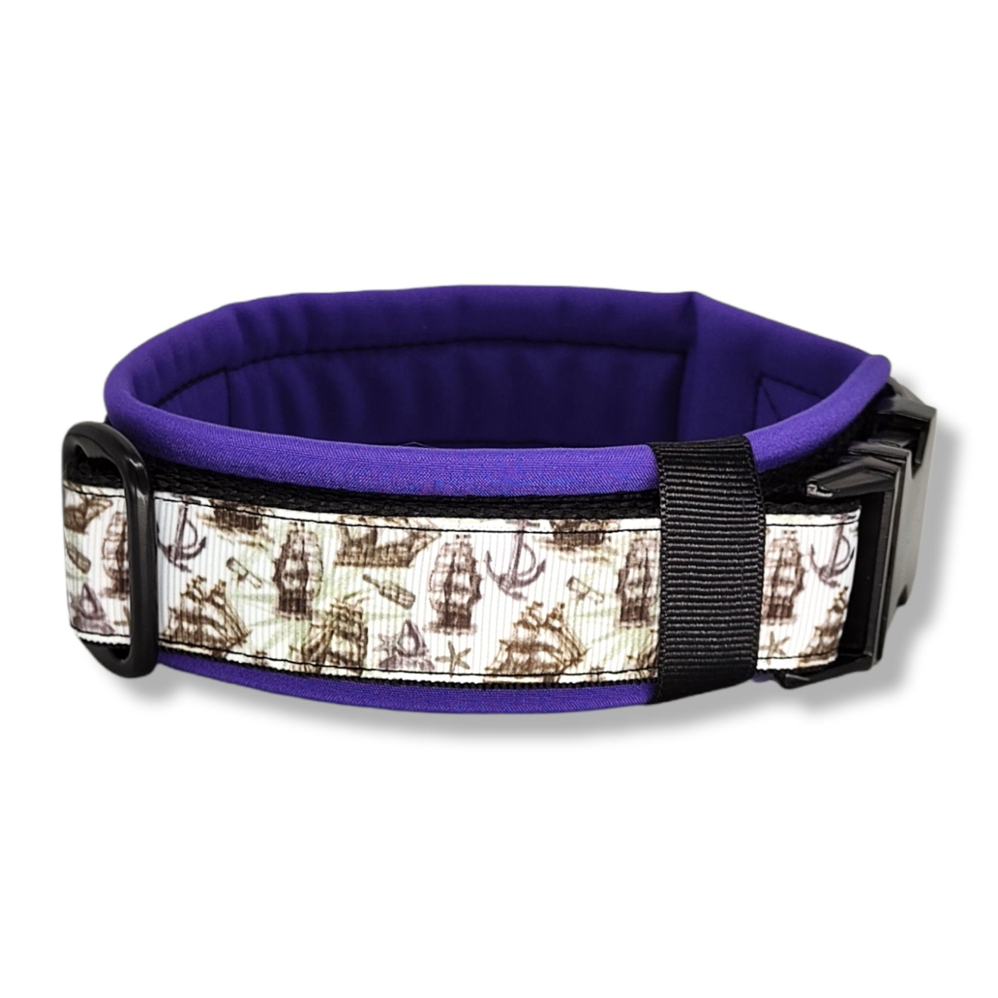 D by E Couture Hunde-Halsband "Black & White Ship III", gepolstert, verstellbar, 30mm breit, Handmade