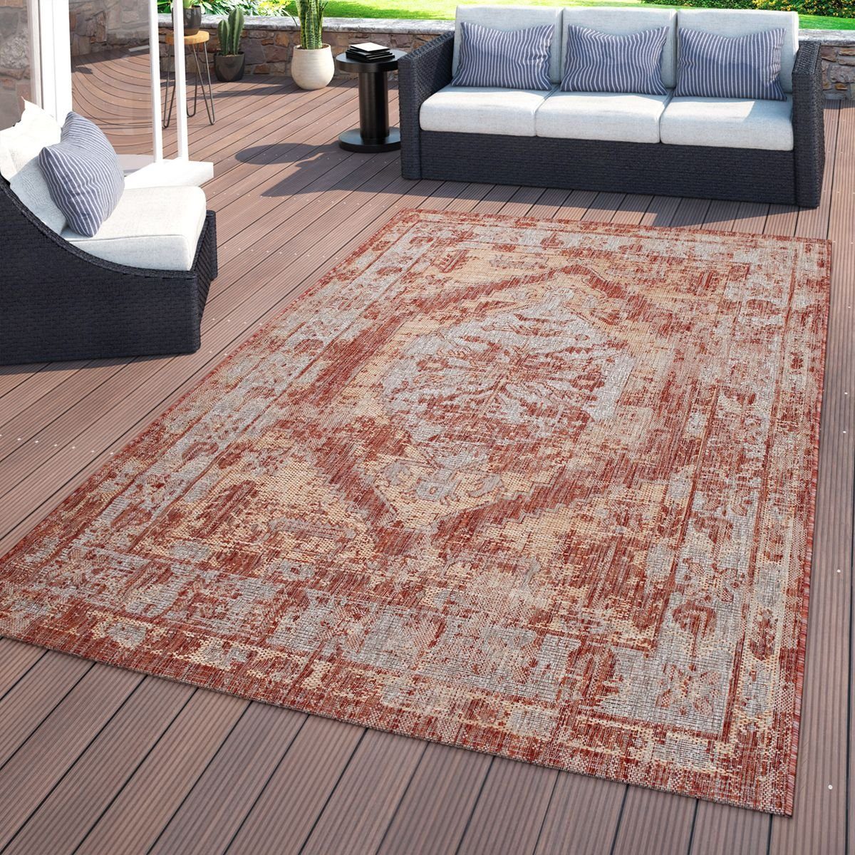 Outdoorteppich In- & Home, mm Outdoor-Teppich Balkon TT 8 Für Mit Höhe: In Orient-Design Und Terrasse Rot, rechteckig