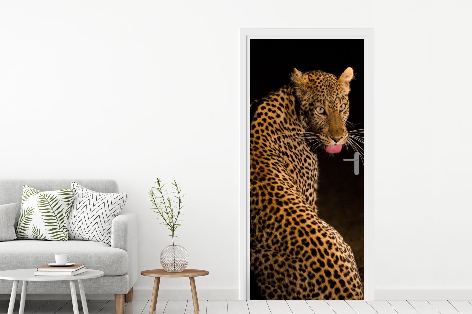 MuchoWow Türtapete Leopard Tür, 75x205 (1 Türaufkleber, St), - Matt, Fototapete für Nacht, - bedruckt, cm Zunge