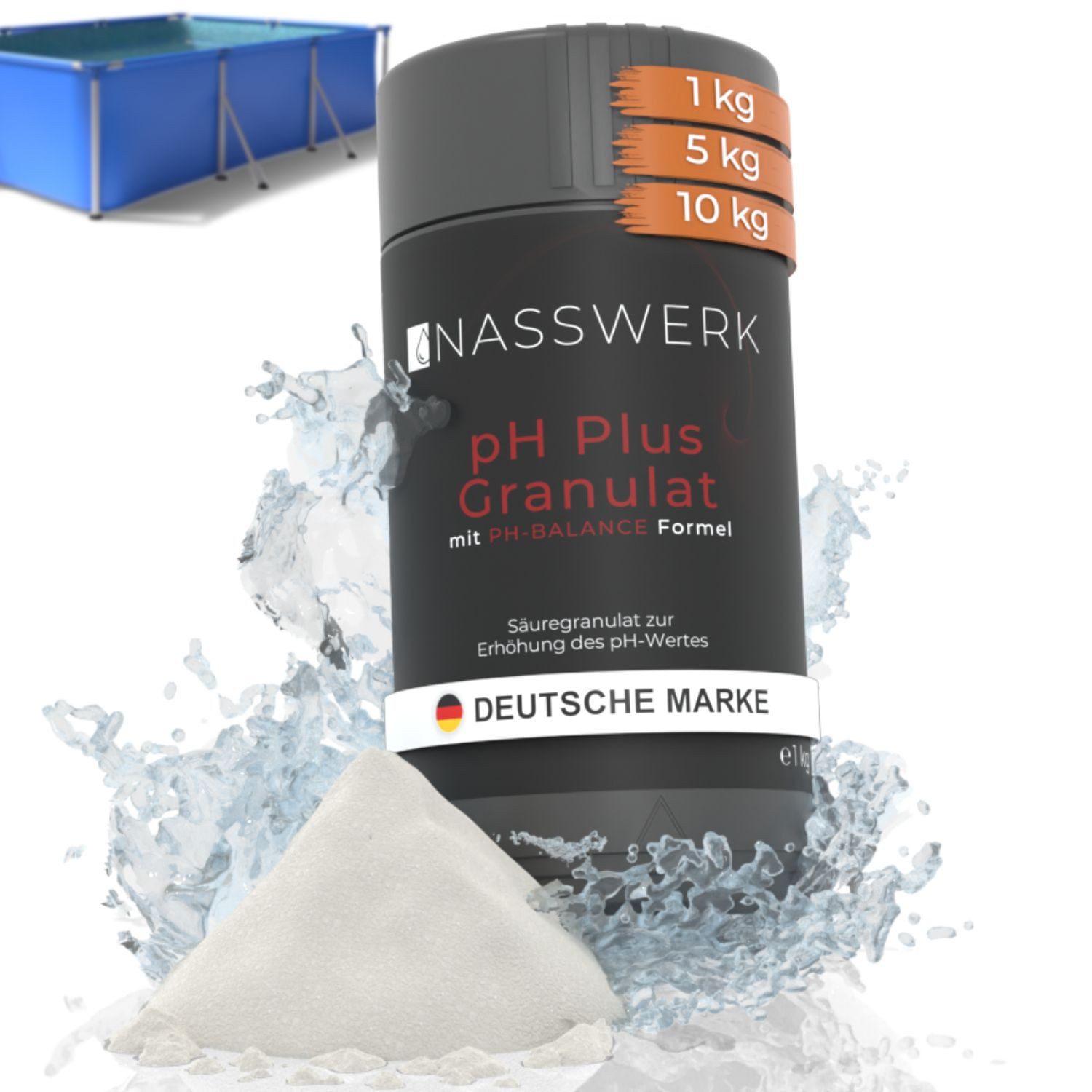 Nasswerk® Poolpflege pH Regulierung Granulat – pH Plus & pH Minus, (Poolchemie pH Regulierung, PH-BALANCE Formel schnell löslich), pH Heber 1 kg