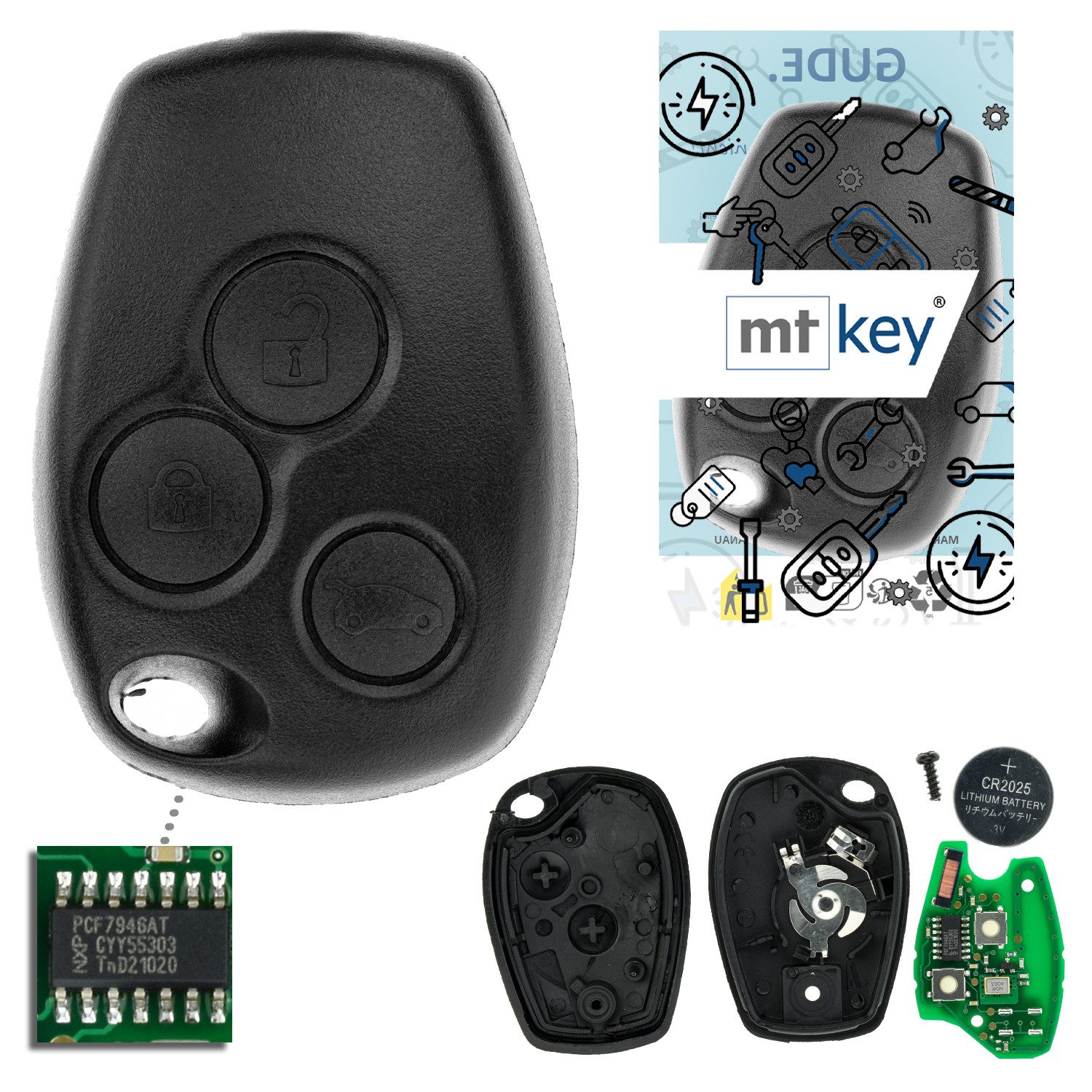 mt-key Schlüsseltasche 3 Tasten Auto Fernbedienung Funk Schlüssel 434MHZ (Set), für Dacia Duster (I, 13–18); Lodgy (JS I, 12–22); Logan (L8 II, 13...
