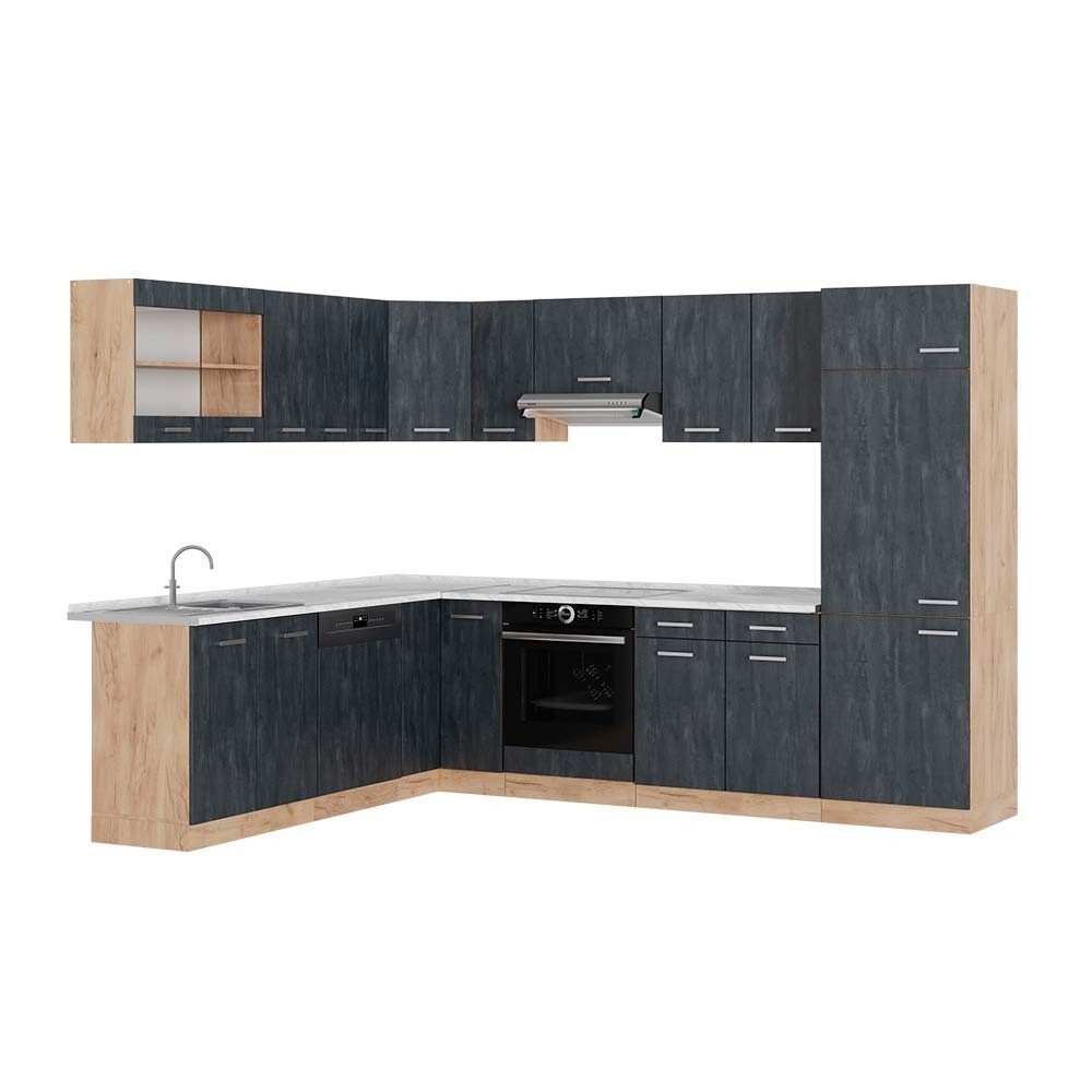 Vicco Winkelküche R-Line, Schwarz Beton/Goldkraft Eiche, 287 x 227 cm AP Marmor