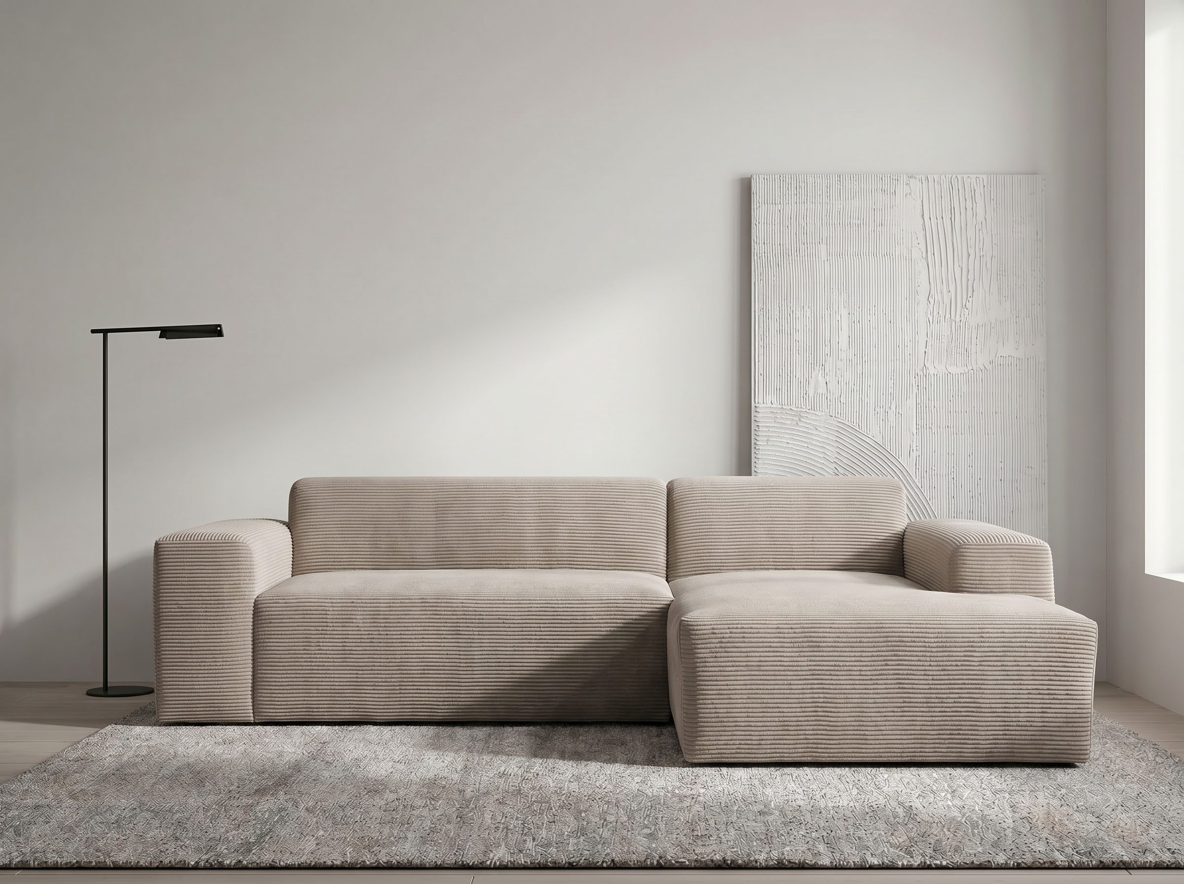 WERK2 Ecksofa Zeus-L 253 cm breit, bequemes Cord-Sofa in L-Form, urbanes Design, Organische curvy-trend Couch mit großer Komfort-Ottomane