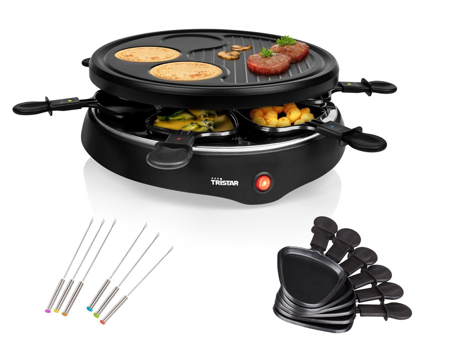 Tristar Raclette, 6 Raclettepfännchen, Tischgrill für 2-6 Personen Crepesmaker, Raclet Gerät Camping geeignet