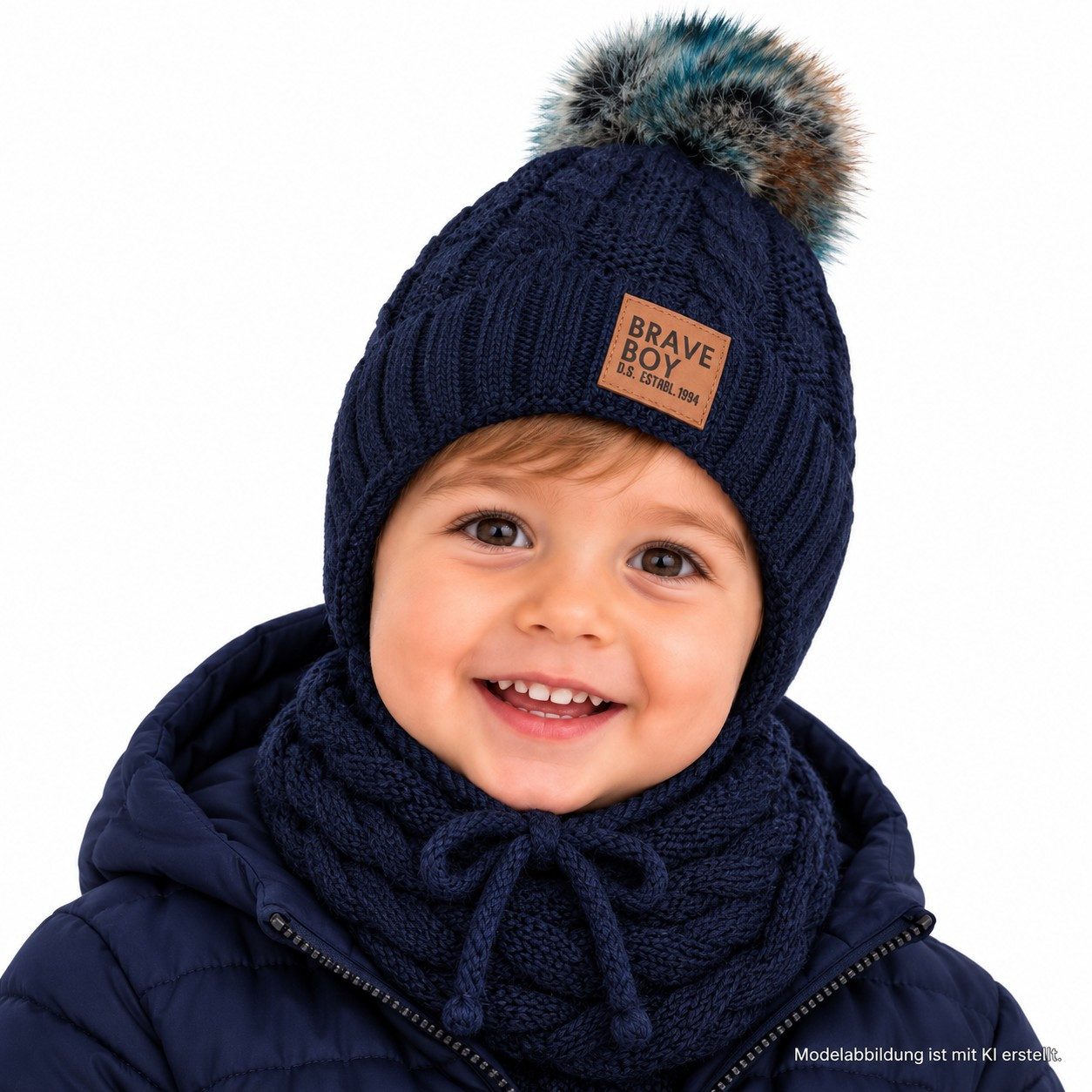 AJS Mütze & Schal Strickmütze Wintermütze Schal Winterset Bommel Bindemütze mit praktischen Bindebändern