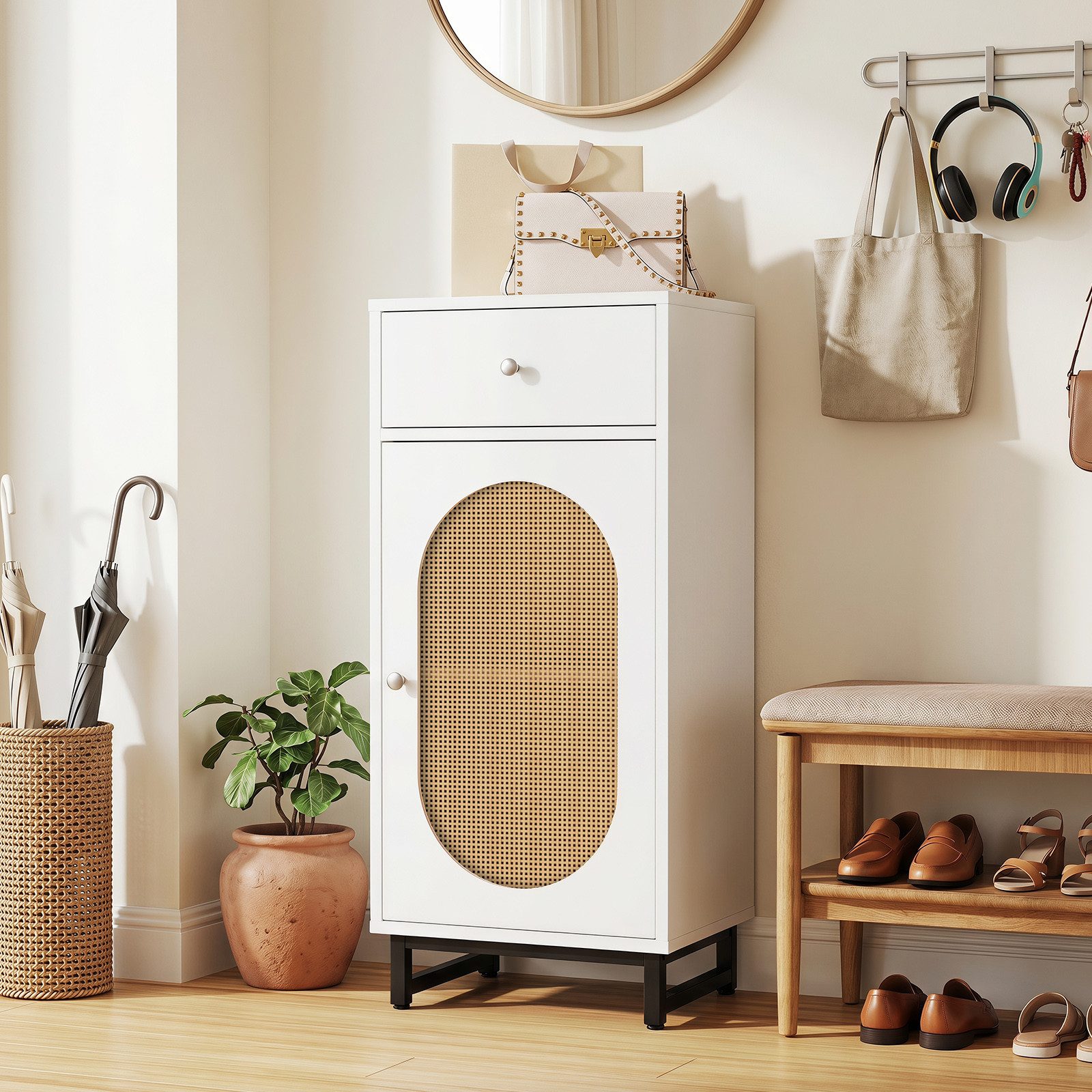 COSTWAY Kommode, Standschrank mit Schublade, Tür aus PE-Rattan weiß