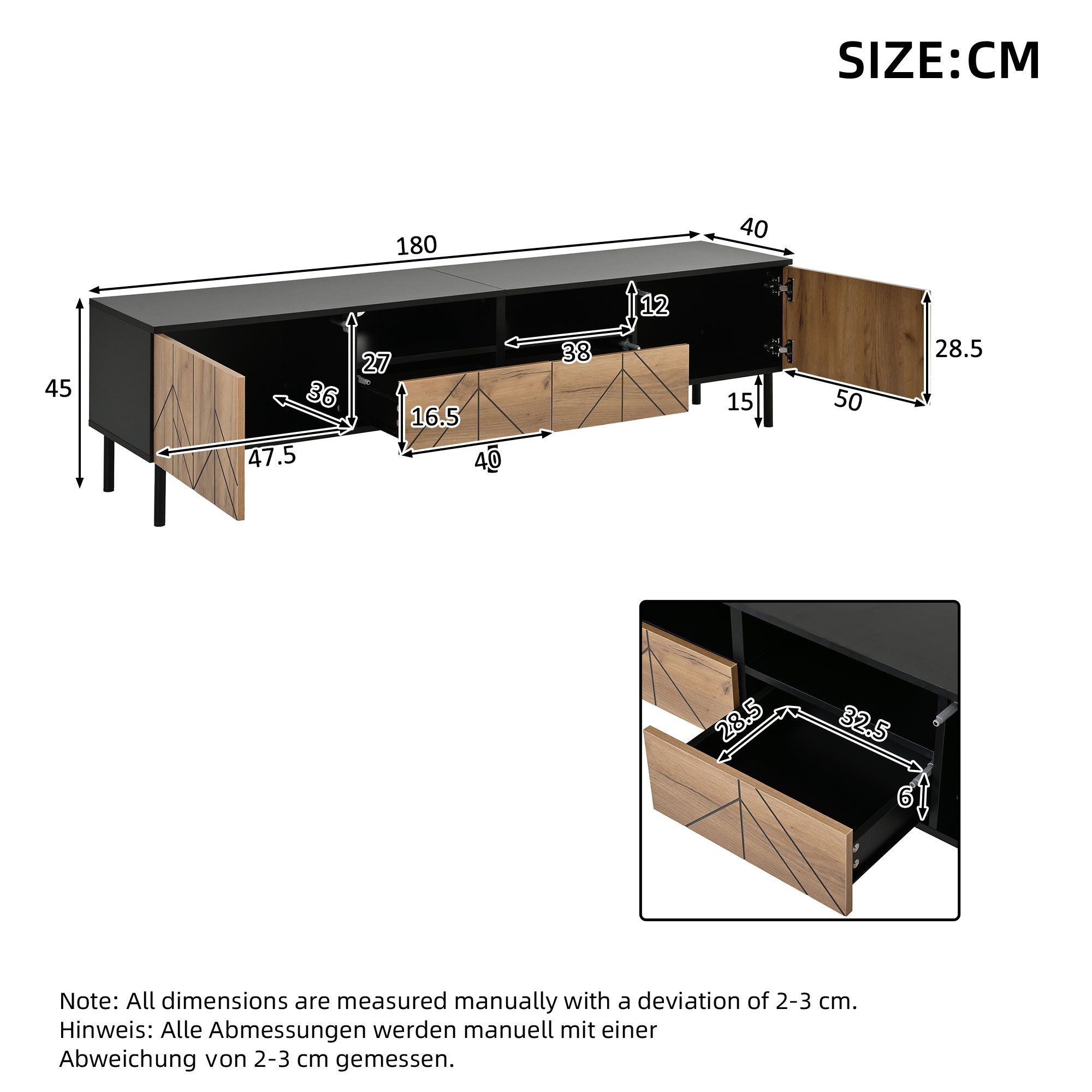 Odikalo TV-Schrank Lowboard Fernsehschrank mit Schubladen & Türen (180x40x45 cm Modernes Lowboard aus Spanplatte, Fernsehtisch für Wohnzimmer, bis 75kg belastbar, Schwarz-Holzoptik)