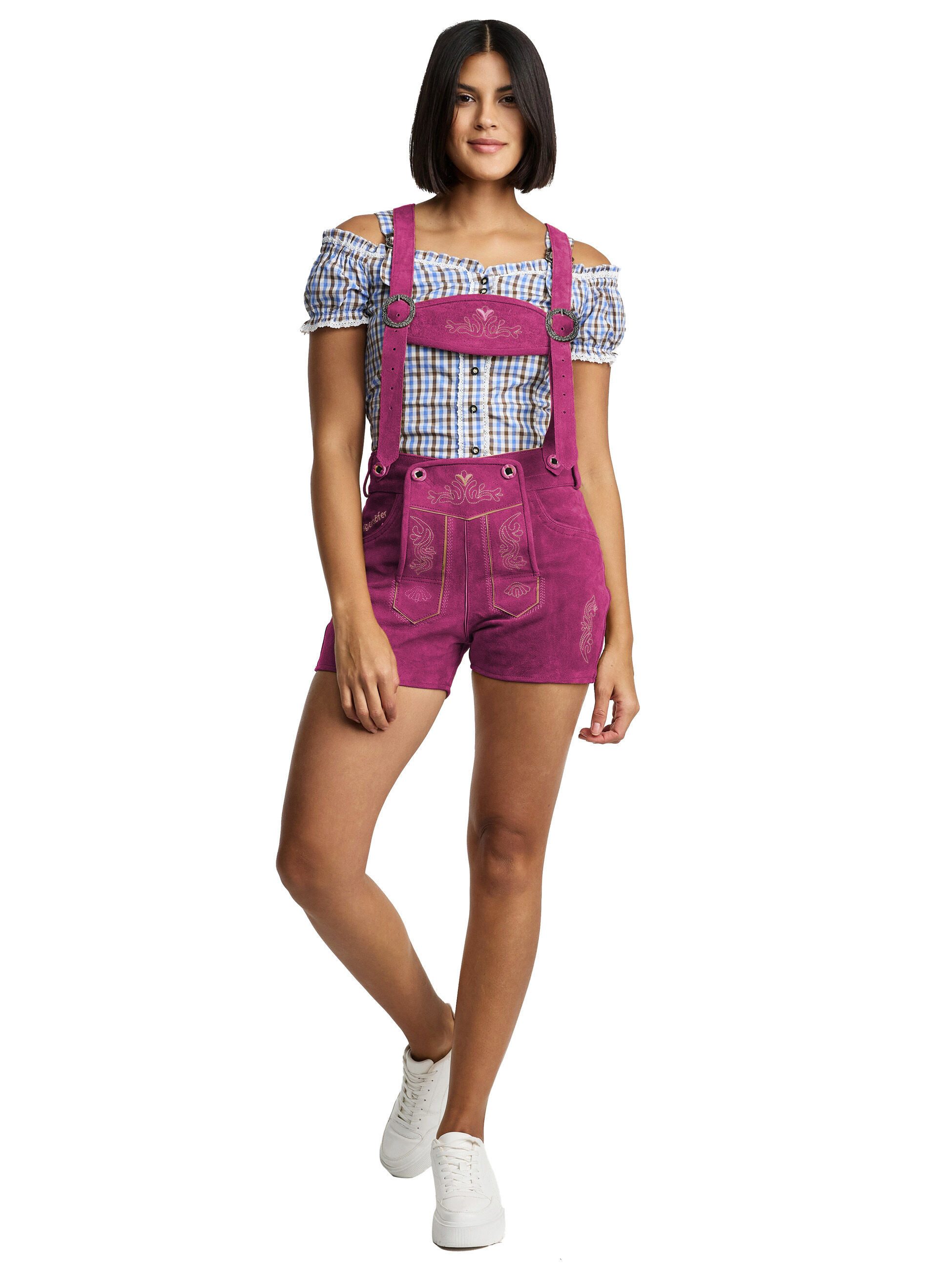 Steigenhöfer Manufaktur Trachtenlederhose Lederhose Damen Shorts Hotpants - 100% Rindsleder - Kurze Hose (Inklusive verstellbaren Trägern) Traditionelles Design - Mit Gürtelschlaufe - Dirndl Alternative