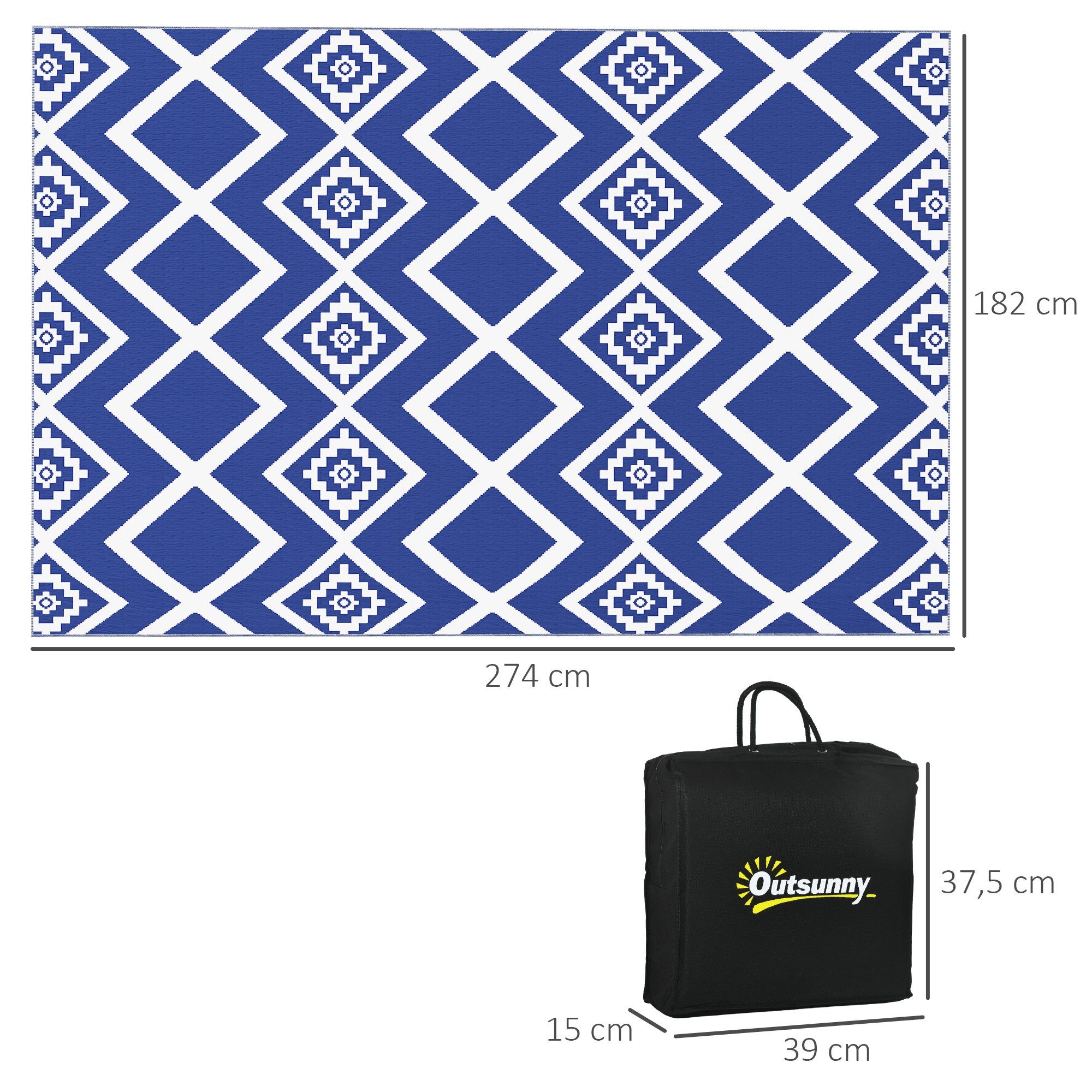 Outsunny Outdoorteppich Kunststoffteppich mit Tragetasche, Wasserabweisender Balkonteppich, Rechteckig, Höhe: 0.3 mm, für Camping, Terrasse, Blau+Weiß, 182 x 274 cm
