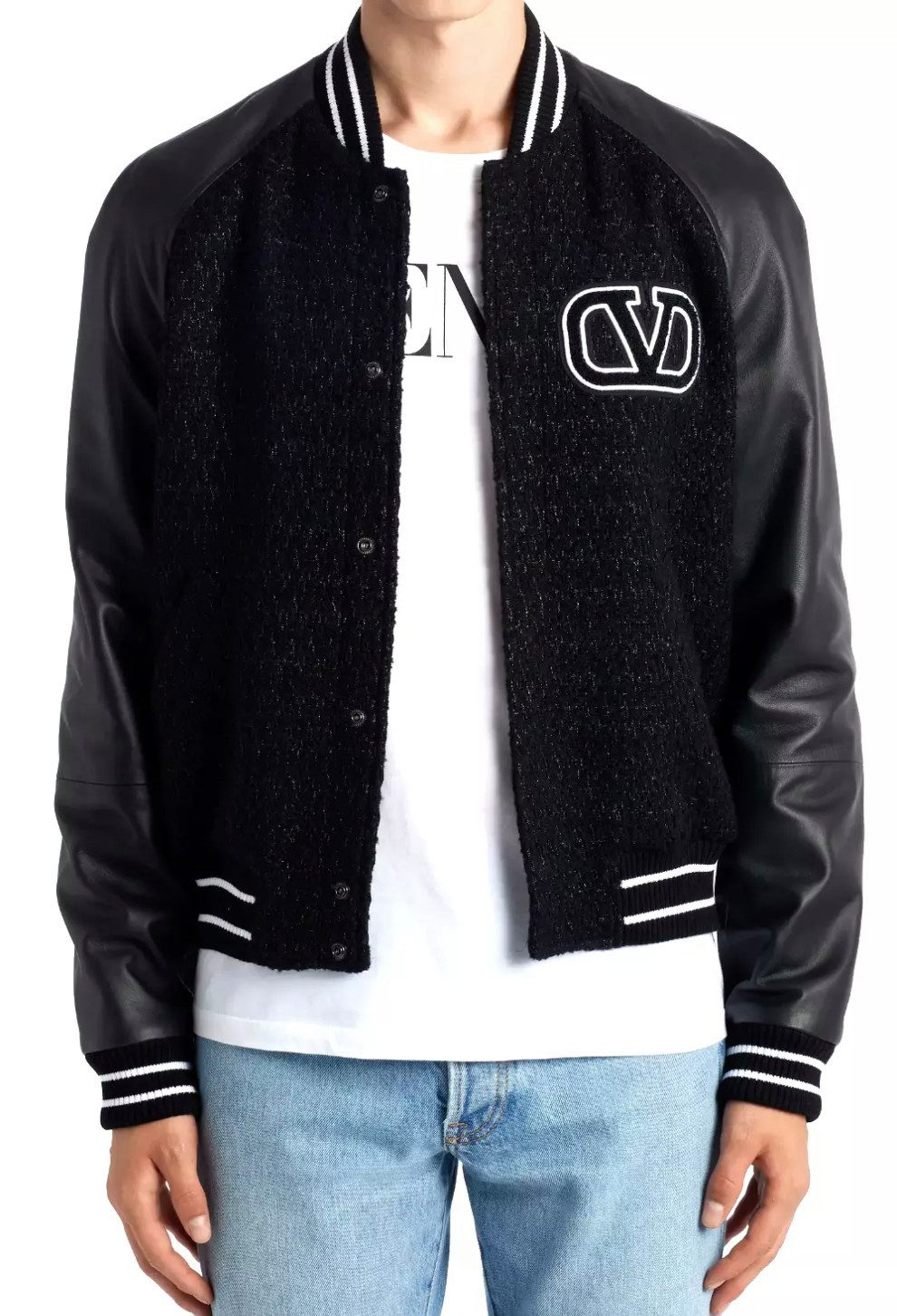 Valentino Bomberjacke Varsity Collage Tweed Leder Jacke Blouson ikonische VLOGO, Lederärmel, Woll-Bouclé-Tweed, terry-Logo