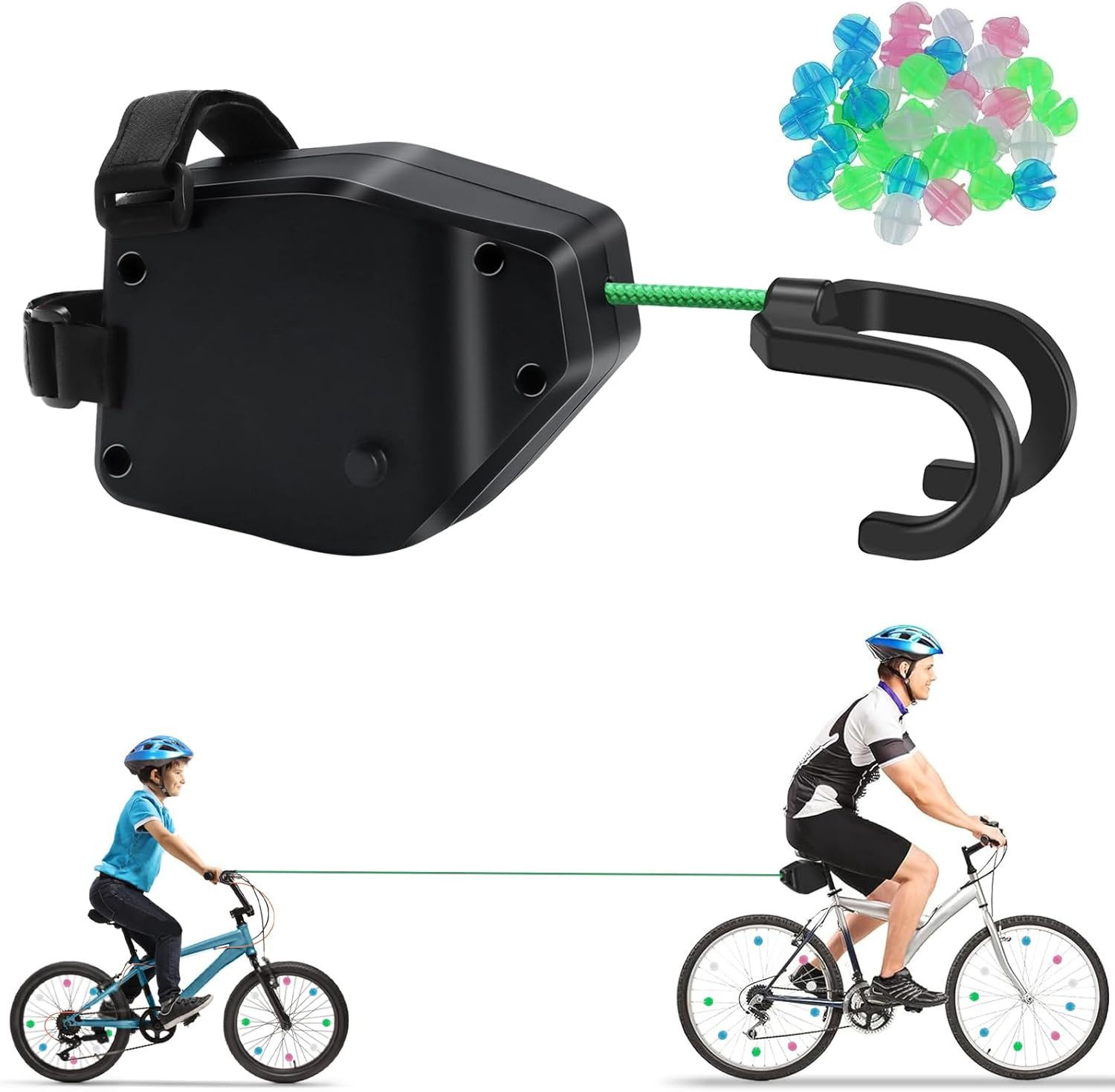 LA CUTE Fahrradleine Abschleppseil Fahrrad Kinder mit Klettverschlüssen & Doppelhaken 2,5 m, (Fahrrad-Abschleppseil-Set für Eltern-Kind-Kopplung, Abschleppsystem für Kinderfahrrad inkl. Zubehör für sichere Montage), Elastisch, einziehbar, stoßdämpfend, inkl. Reflektoren & Haken