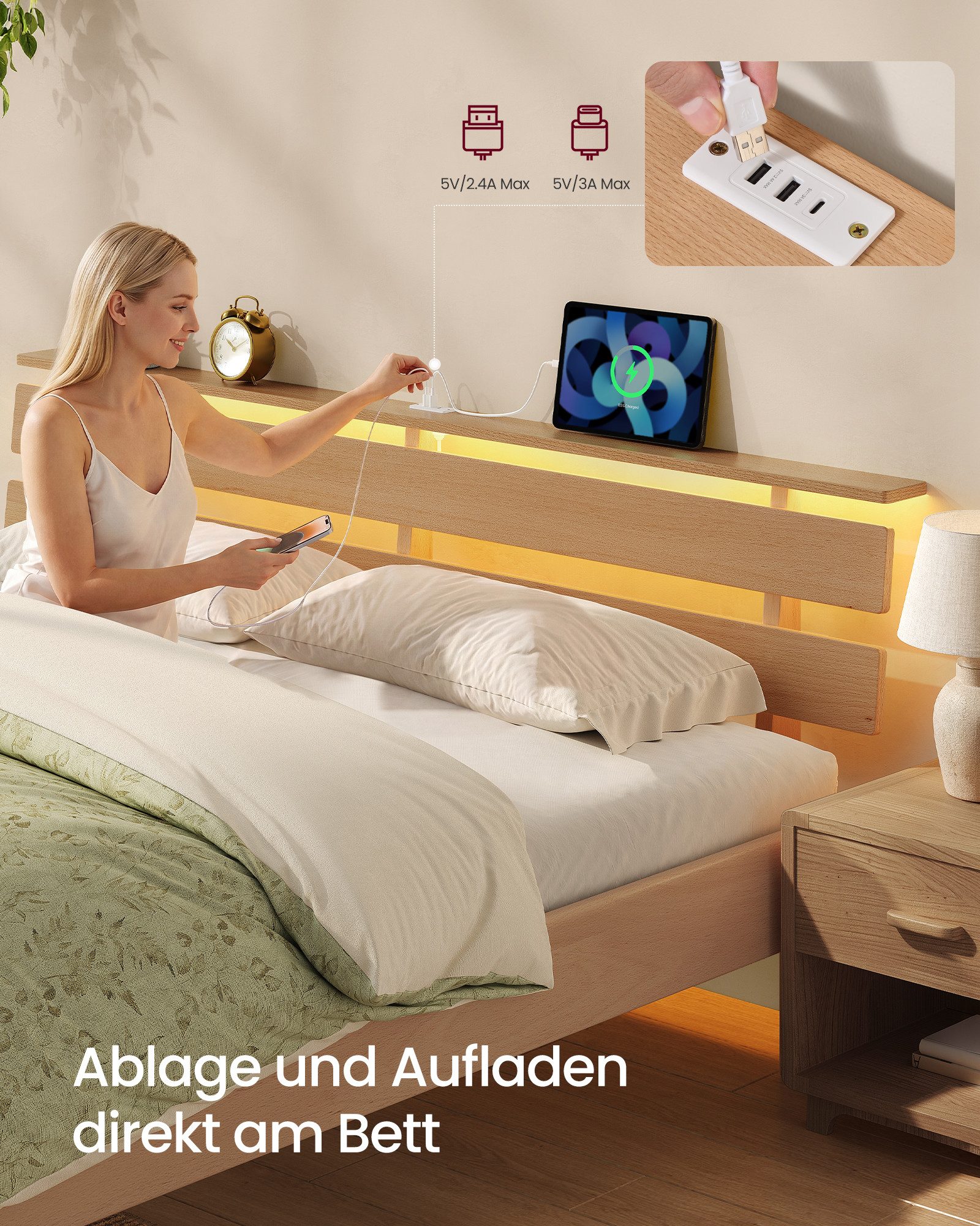 VASAGLE Bettgestell aus Massivholz Buche, Massivholzbett, mit LED und USB, in 3 Größe, Bettgestell 160 x 200 cm, Kopfteilablage, hohe Stabilität, Naturfarben