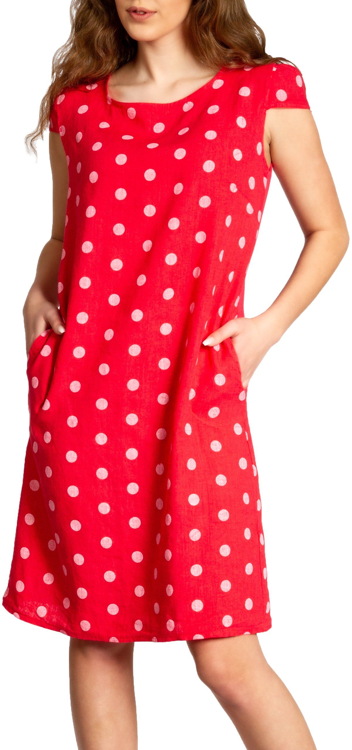 Sommerkleid SKL024 knielanges Damen Sommer Leinenkleid mit Punkte Print