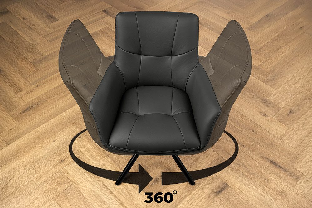 riess-ambiente Drehstuhl SIGNATURE schwarz - Echtleder, Metall, drehbar, mit Armlehne (Einzelartikel, 1 St), 360° drehbar & mit Taschenfederkern - ideal für Ess – Bild 4 von 5