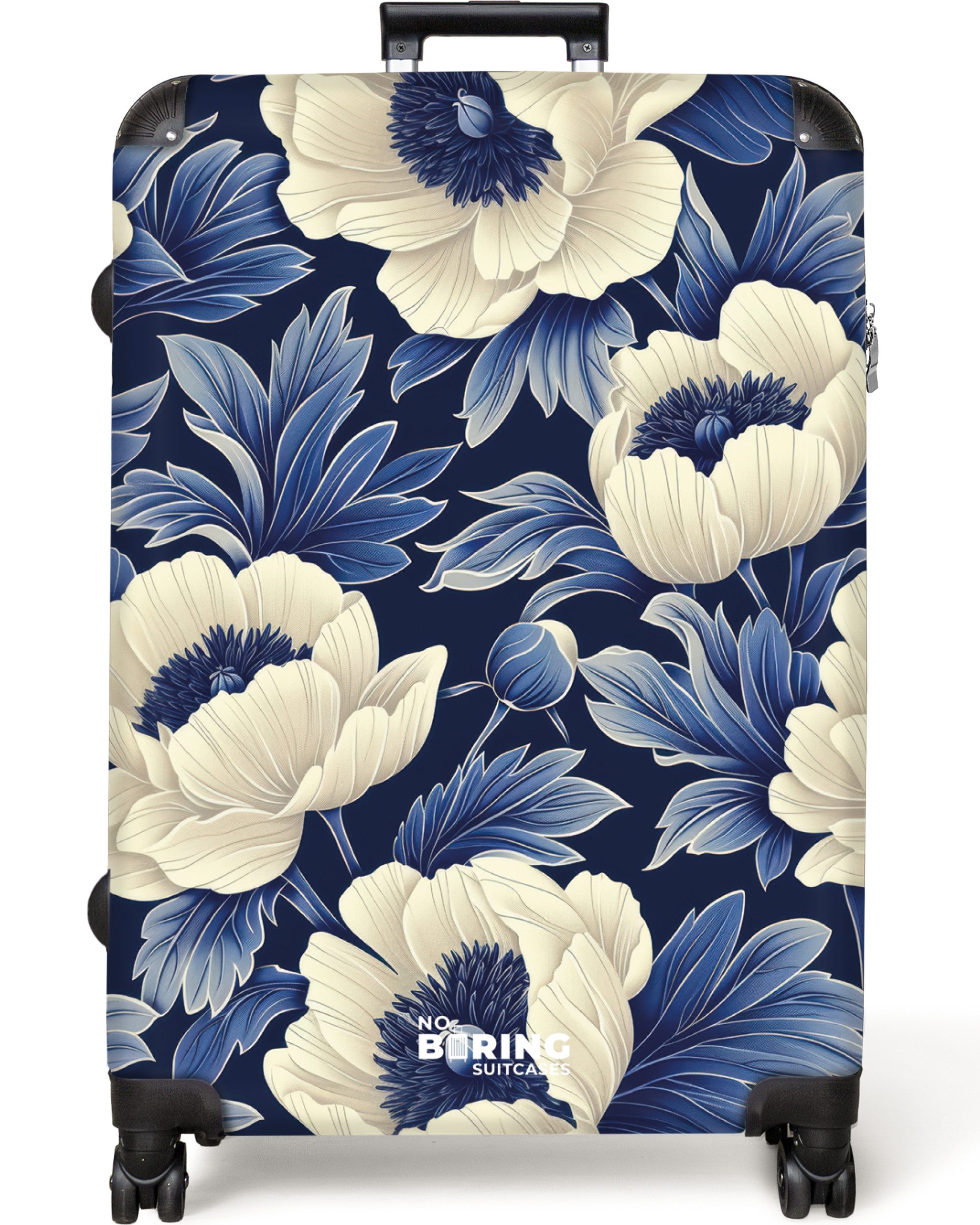 NoBoringSuitcases.com© Hartschalen-Trolley Dunkelblau mit weißen Blüten günstig online kaufen