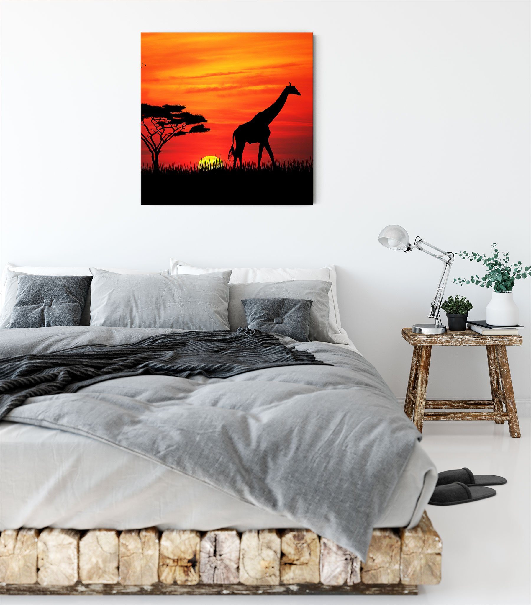 Pixxprint Leinwandbild Giraffe im bespannt, St), im Leinwandbild Sonnenuntergang, Giraffe Zackenaufhänger fertig (1 Sonnenuntergang inkl