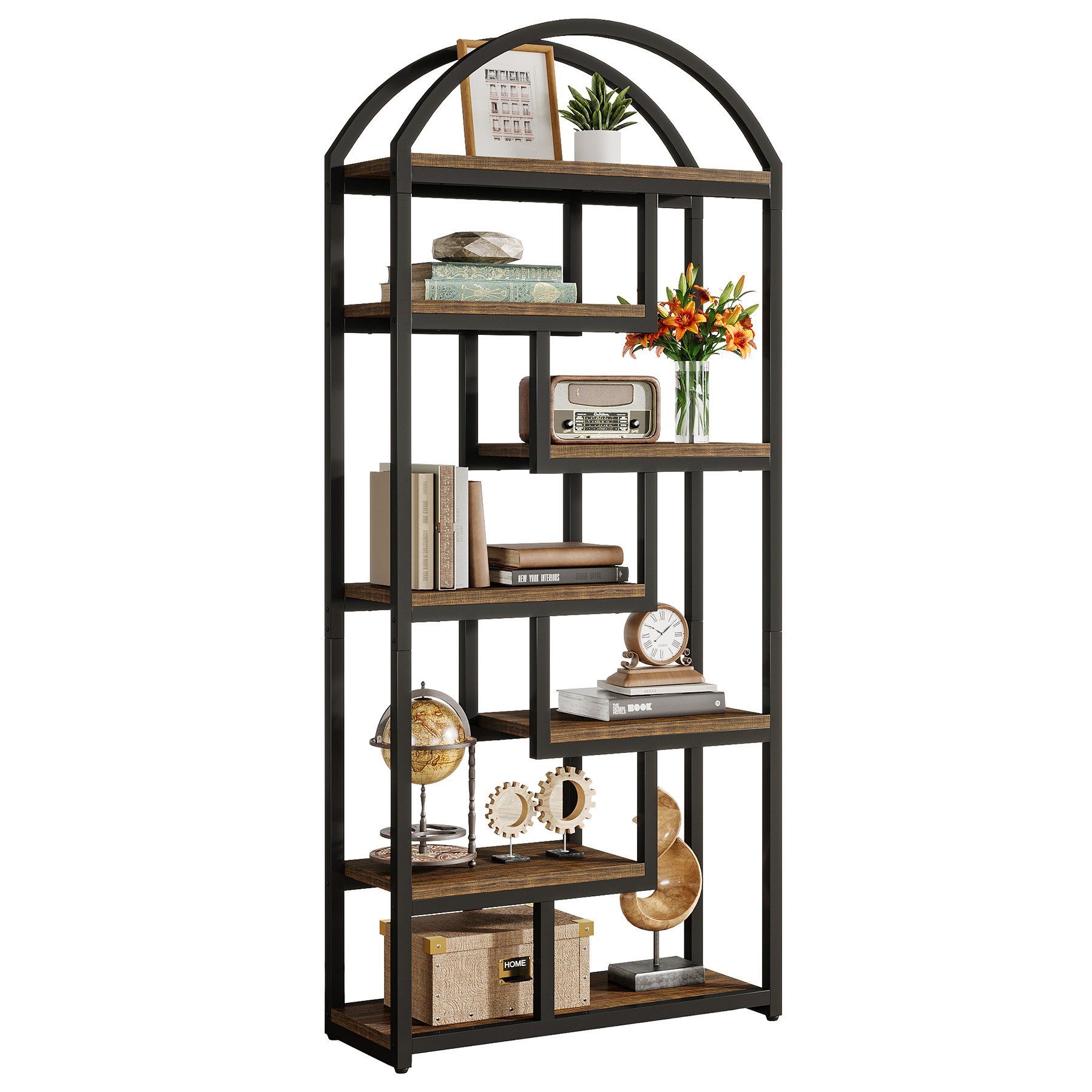 Tribesigns Bücherregal 180cm Bogendesign 7 Fachböden Industrial Regal Braun Schwarz