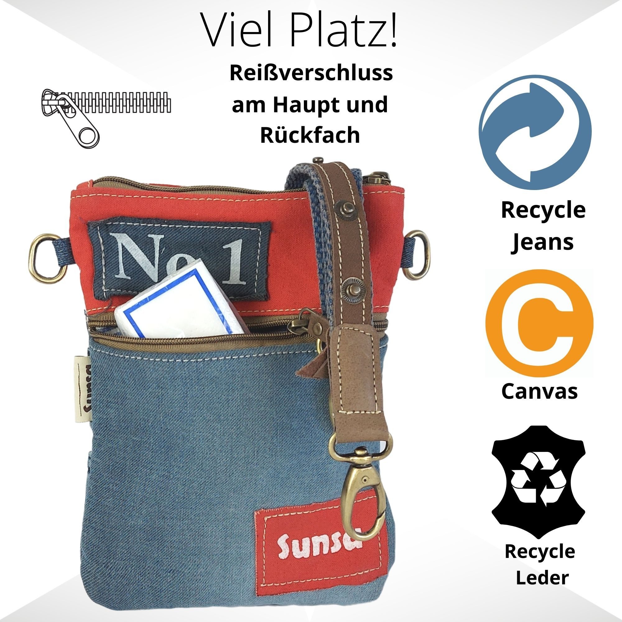 Sunsa Umhängetasche Damen nachhaltige Umhängetasche, Kleine rot/blau Crossbody Bag, erhält recycelte Material, Used Jeans Hose