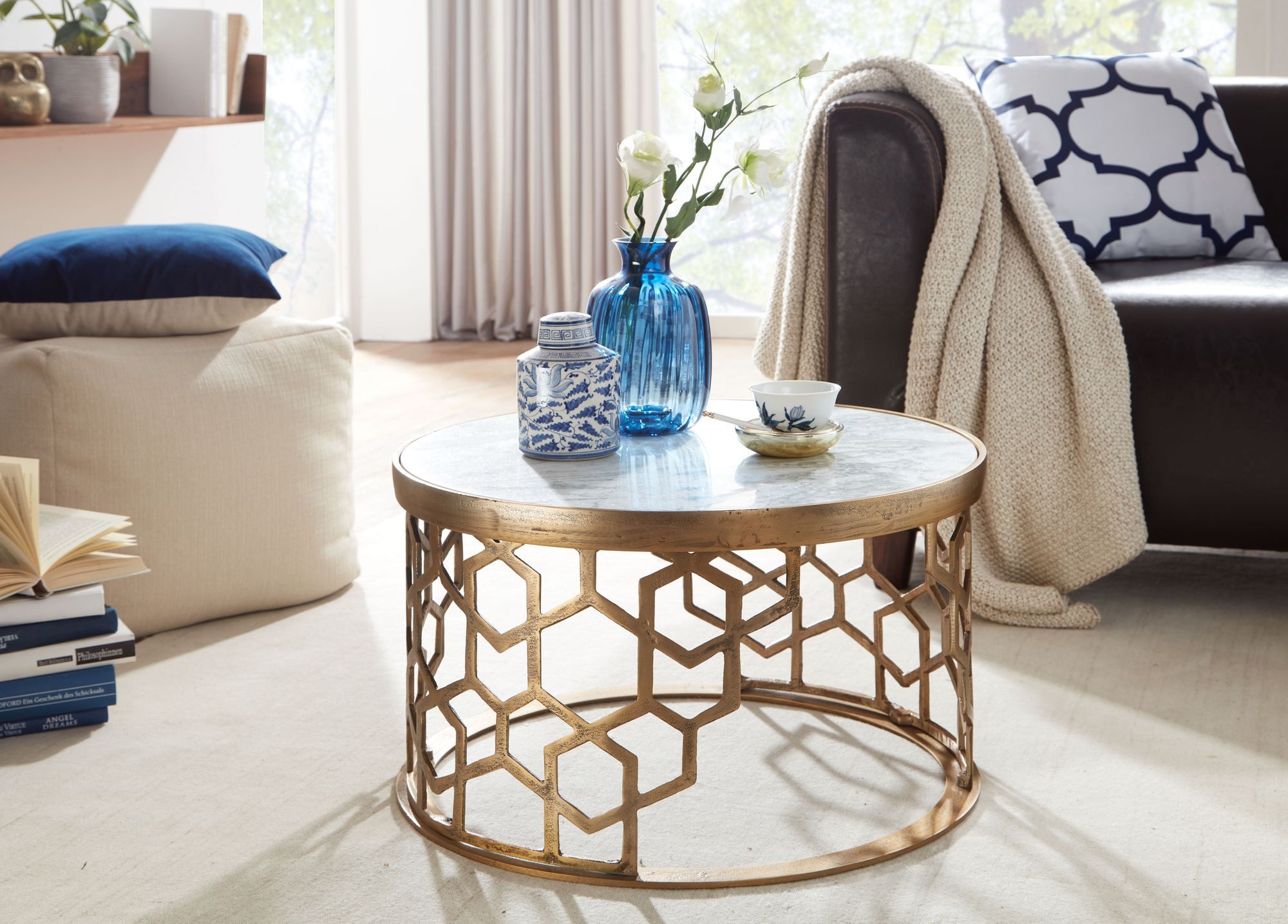 FINEBUY Couchtisch FB82239 Sofatisch Echter Marmor Ø 60 cm Tisch Wohnzimmertisch Rund (Sofatisch Metall, Wohnzimmertisch Modern), Echter Marmor Weiß / Gold 60x60x36 cm Rund