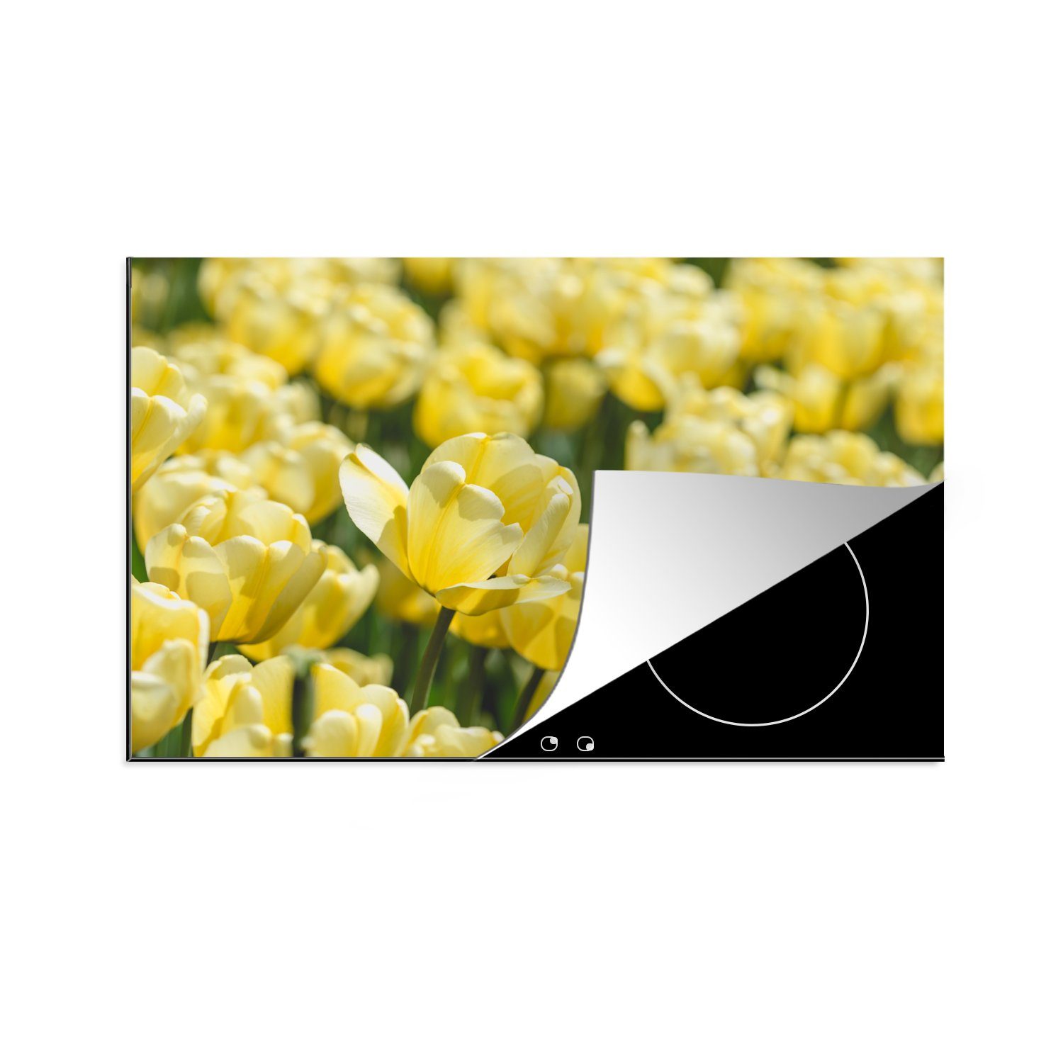 tlg), im gelben für Schutz mit Vinyl, Sommer, küche, Feld Herdblende-/Abdeckplatte Tulpen die cm, 81x52 MuchoWow (1 Induktionskochfeld Ceranfeldabdeckung