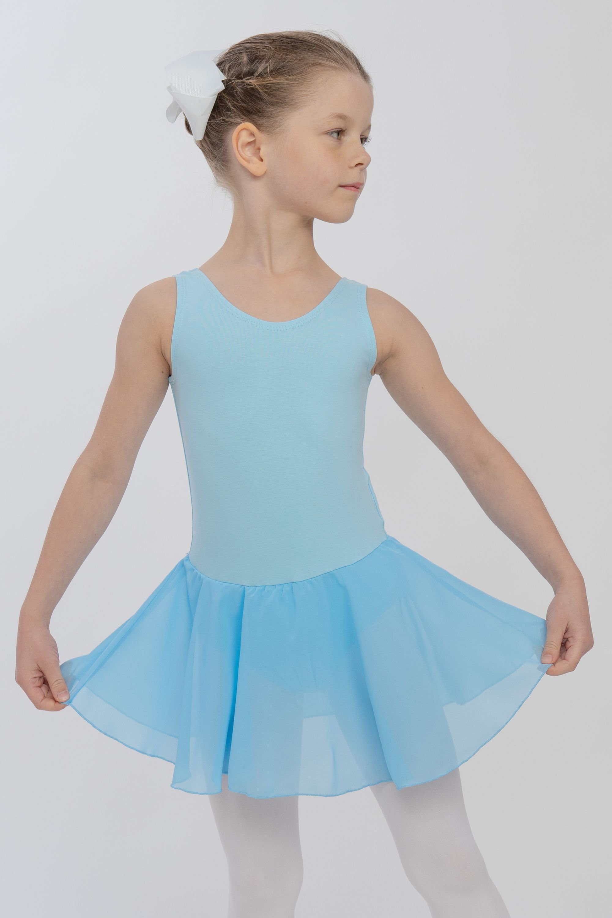 tanzmuster Chiffonkleid Ballettkleid Bella aus weicher Baumwolle Ballettbody mit Schlüssellochausschnitt für Mädchen fürs Kinder Ballett hellblau