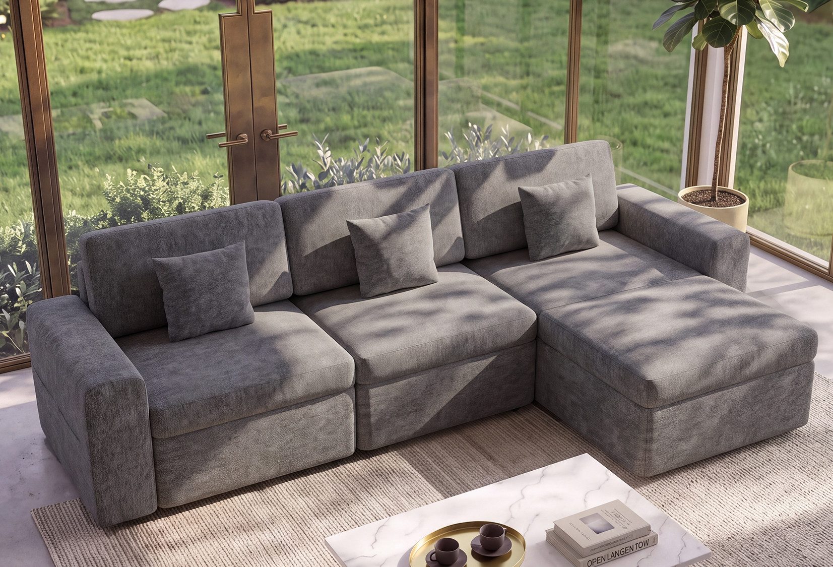HOMAVO Sofa L-förmiges Ecksofa,Modulares Sofa, Inklusive Zierkissen, Großzügiger Stauraum,Abziehbarer und waschbarer Bezug, Chenille-Stoff