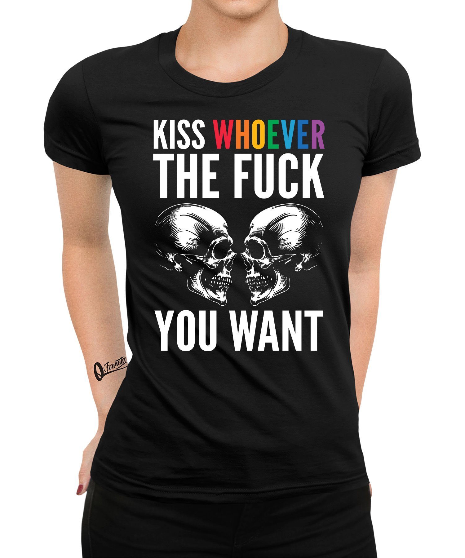 Quattro Formatee Kurzarmshirt Kiss X-mas - (1-tlg) T-Shi Damen Weihnachtsgeschenk LGBT Weihnachten Totenkopf