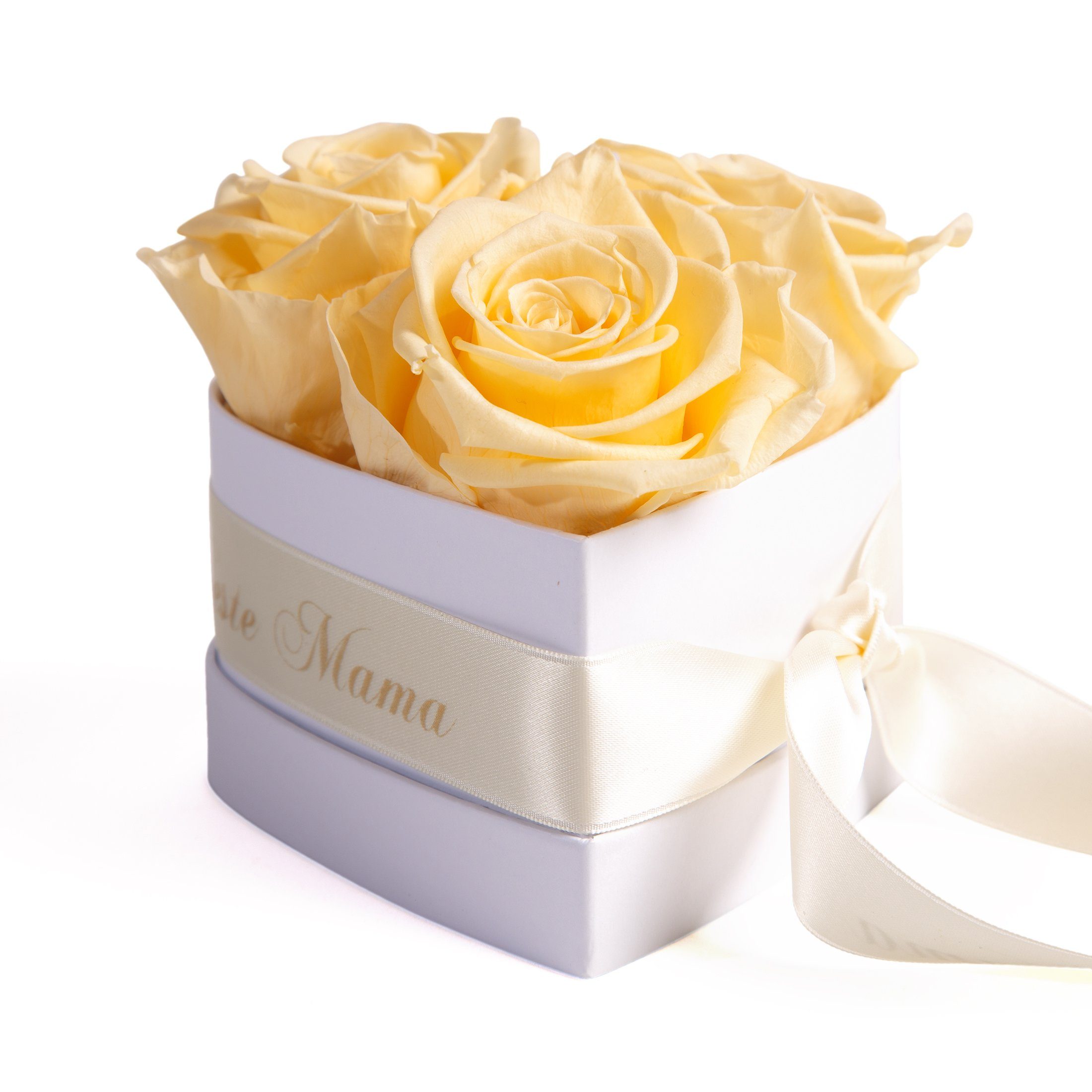 Kunstblume Rosenbox Herz 3 Infinity Rosen für die Beste Mama der Welt Geschenk Rose, ROSEMARIE SCHULZ Heidelberg, Höhe 10 cm, echte Blumen haltbar 3 Jahre Champagner