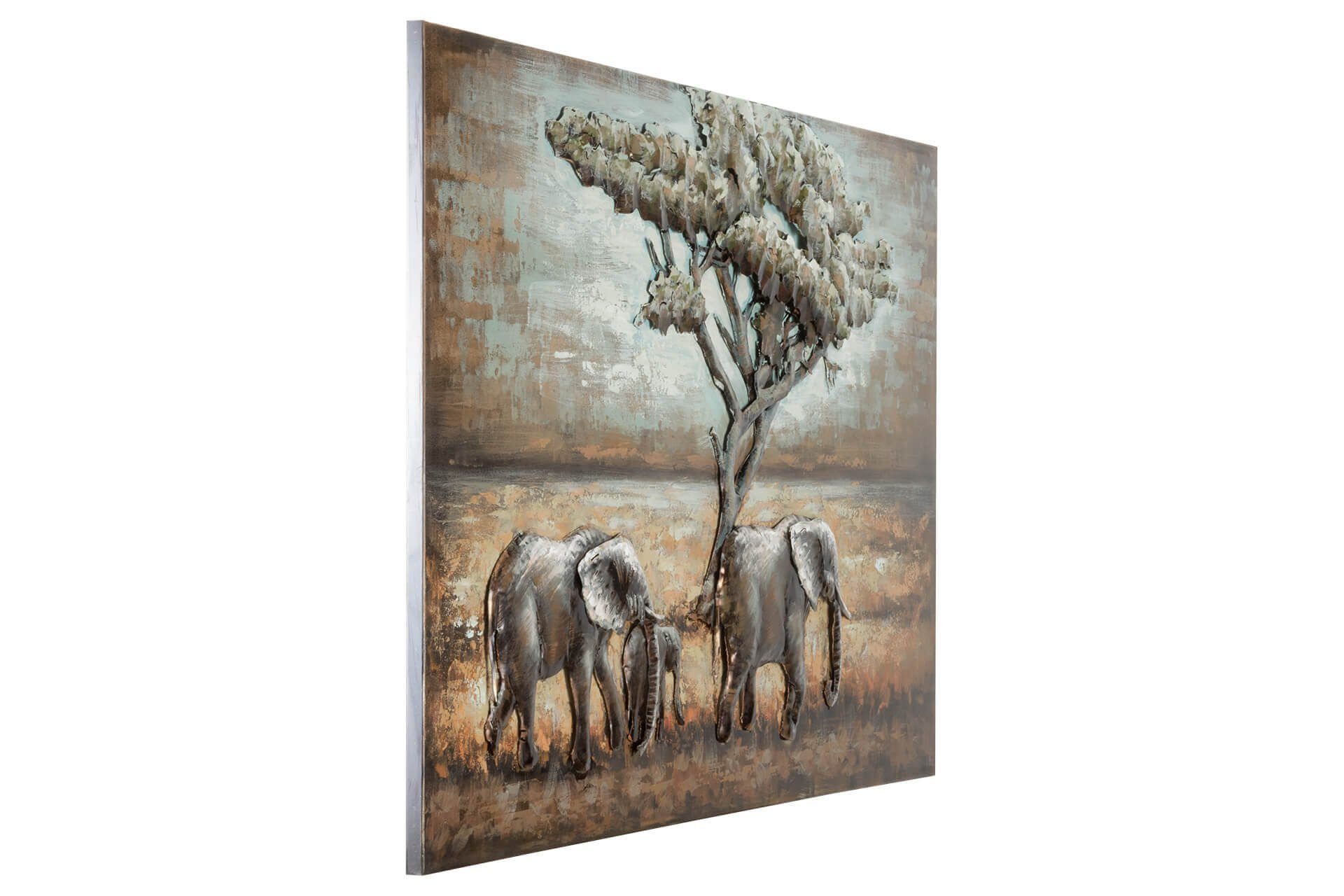 KUNSTLOFT Metallbild cm, 120x80 Elefanten Wandrelief in Afrika handgefertiges 3D