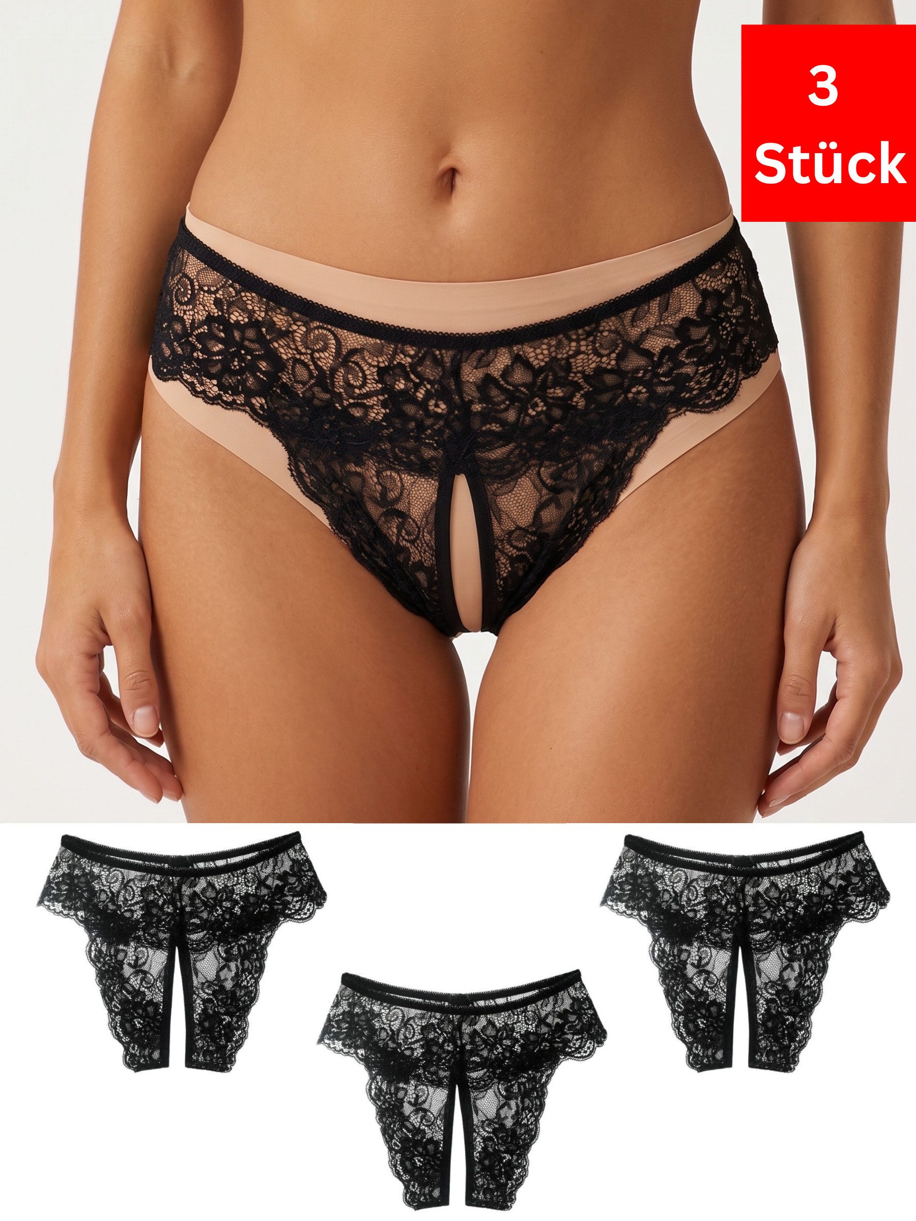 Elegant Love Slip-Ouvert Damenslip Höschen mit offenem Schritt, Spitze-Tanga, Sexy Unterwäsche (3-St) Dessous in Spitzenoptik, Lingerie für Damen