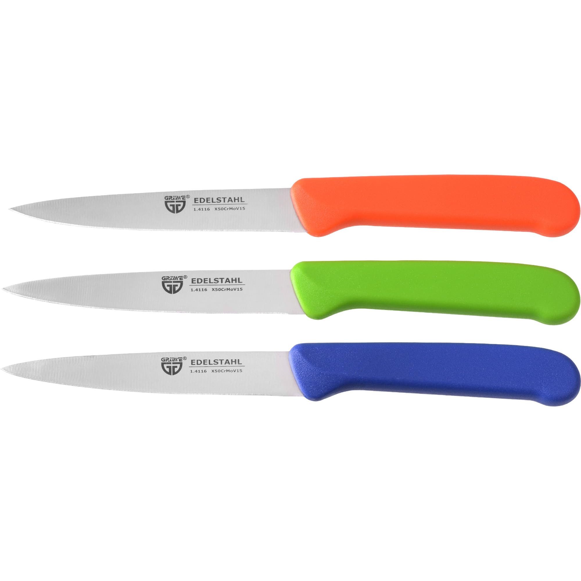 GRÄWE Gemüsemesser Gemüsemesser Set 3 Stück, Edelstahl, super scharf geschliffen, Bunte Griffe, ideal für präzises Schneiden