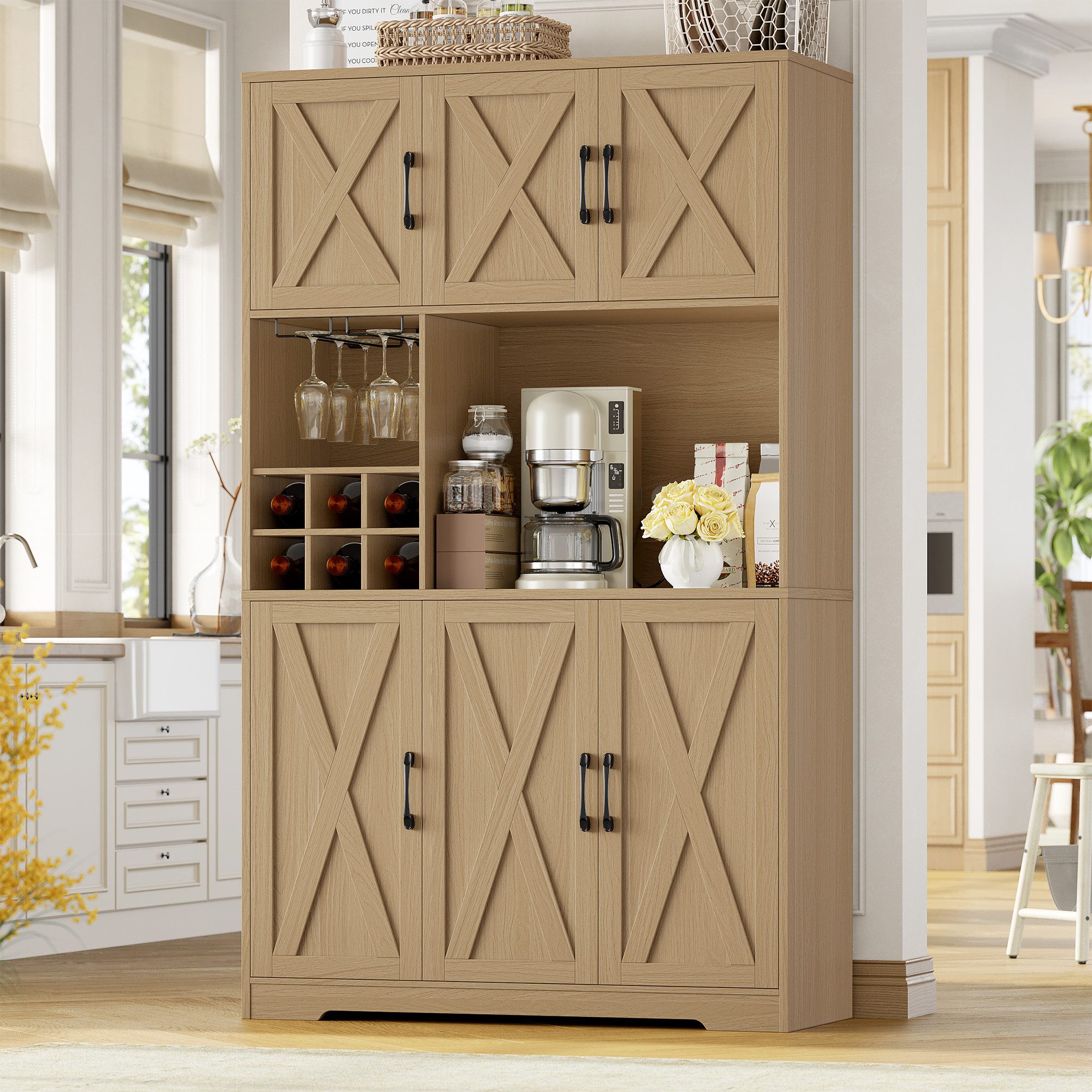 HOMECHO Küchenbuffet Küchenschrank mit Arbeitsplatte Buffetschrank mit 6 Türen Flaschenhalter und Glashalter 180x106x37cm