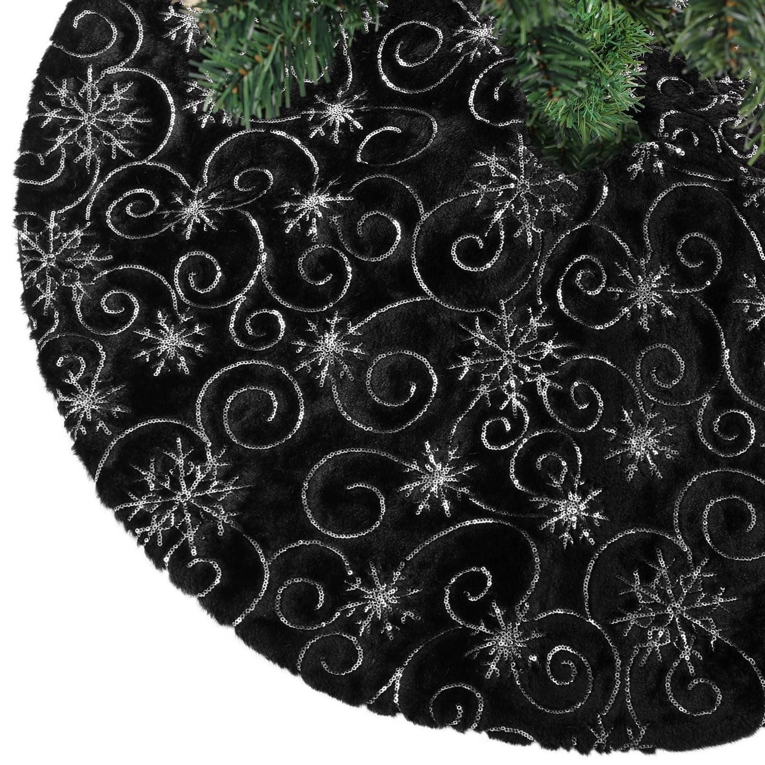 LuxusKollektion Christbaumständer Christbaumdecke Kunstfell Schneeflocke Rund 90cm Schwarz