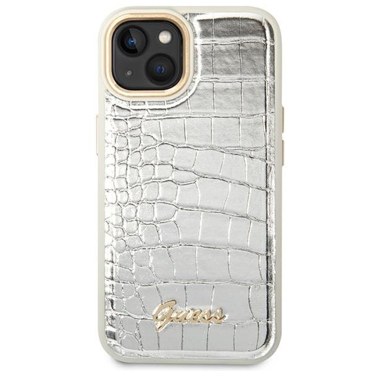 Guess Handyhülle Guess Apple iPhone 14 Plus Hardcase Schutzhülle Croco Collection Silber