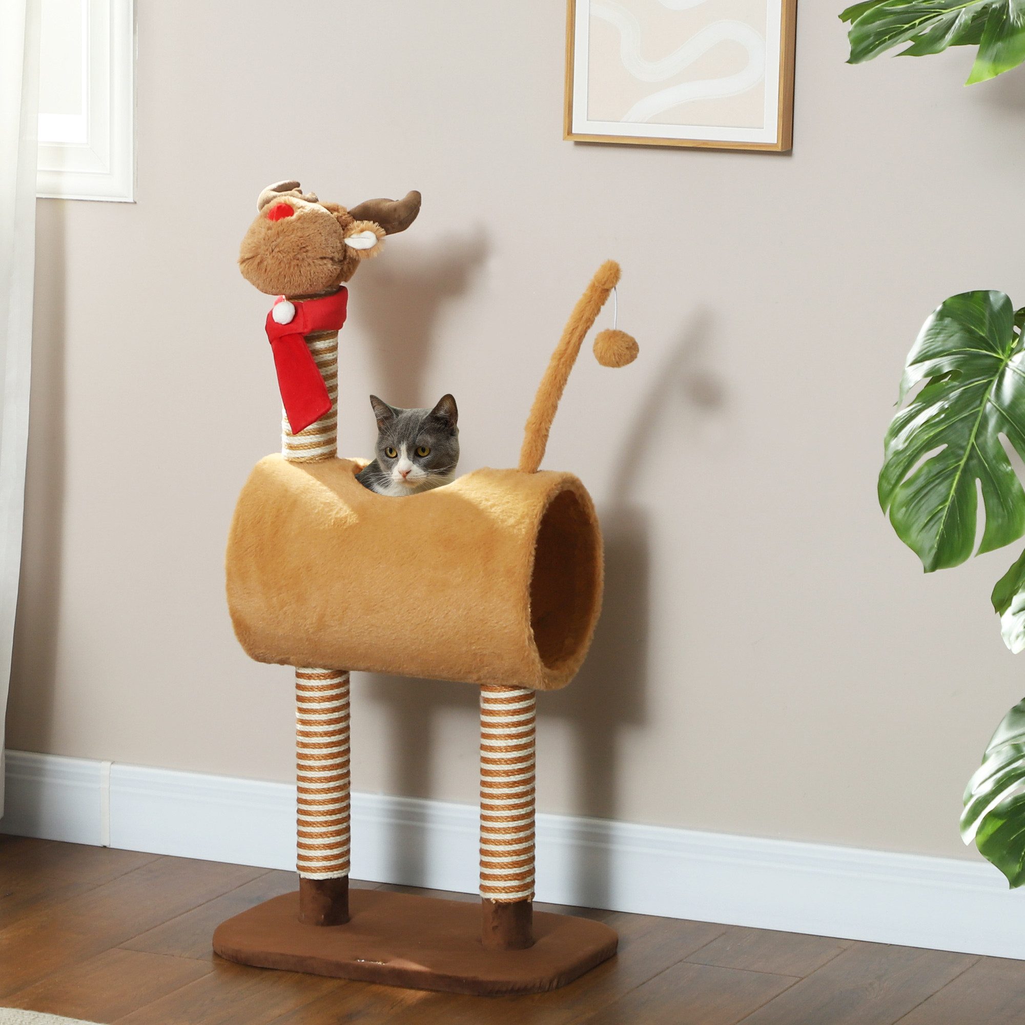 PawHut Kratzbaum Katzenturm im Hirschdesign, mit Höhle, Spielball, Jutestämme, 98 cm hoch, für mittelgroße Katzen, Braun