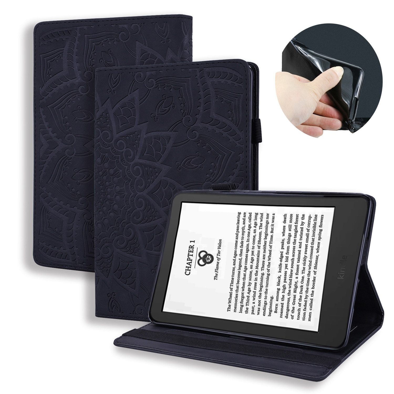 Wigento Tablet-Hülle Für Amazon Kindle Paperwhite 2024 Kunstleder TPU Hülle Tasche Schwarz, Geprägtes Design, Karten- und Stifthalter, Standfunktion