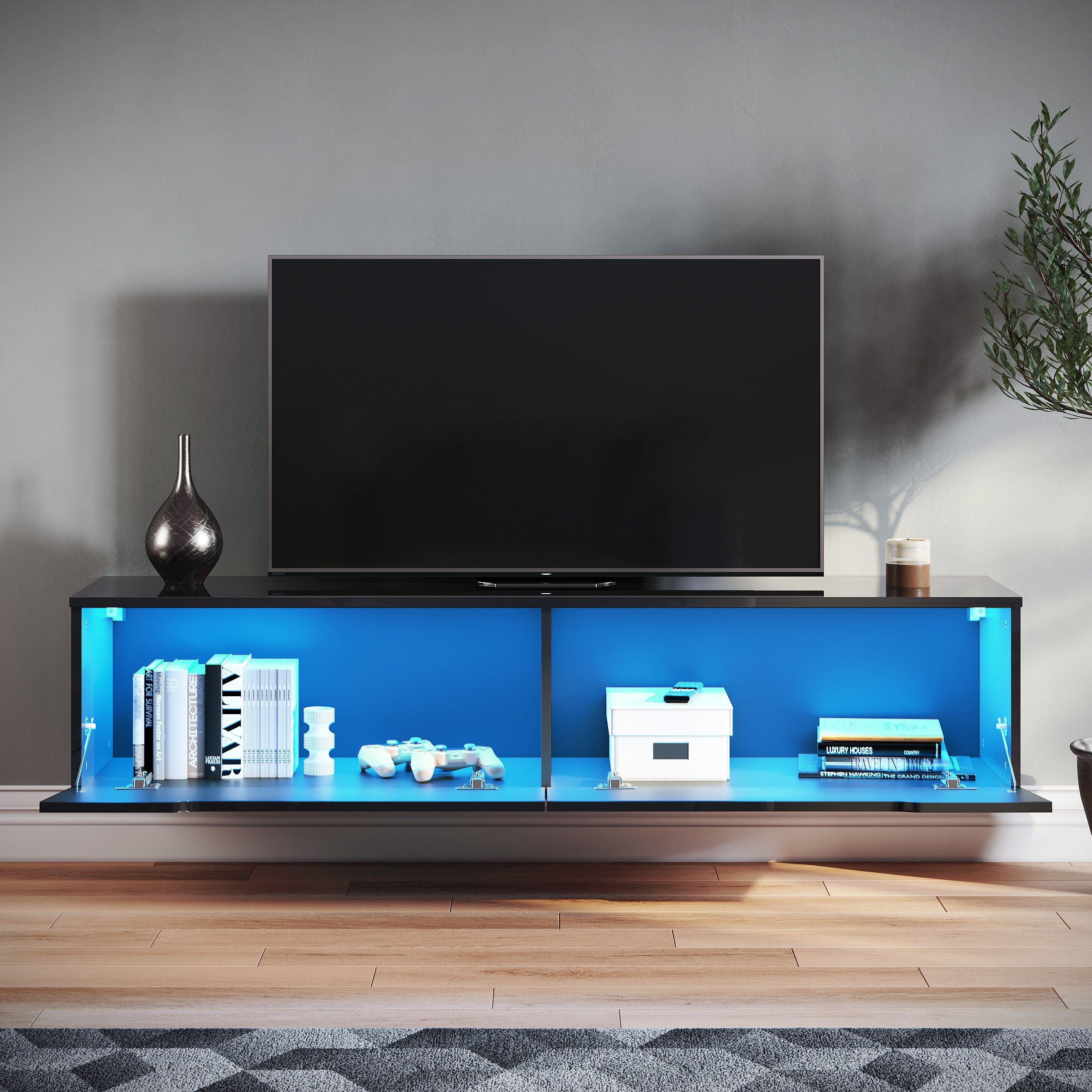 SONNI Sideboard TV Lowboard 140x35x30cm Weiß/Swarz mit LED-Beleuchtung, TV Board, Sideboard, Fernsehtisch, TV Schrank, zwei Montagemöglichkeiten