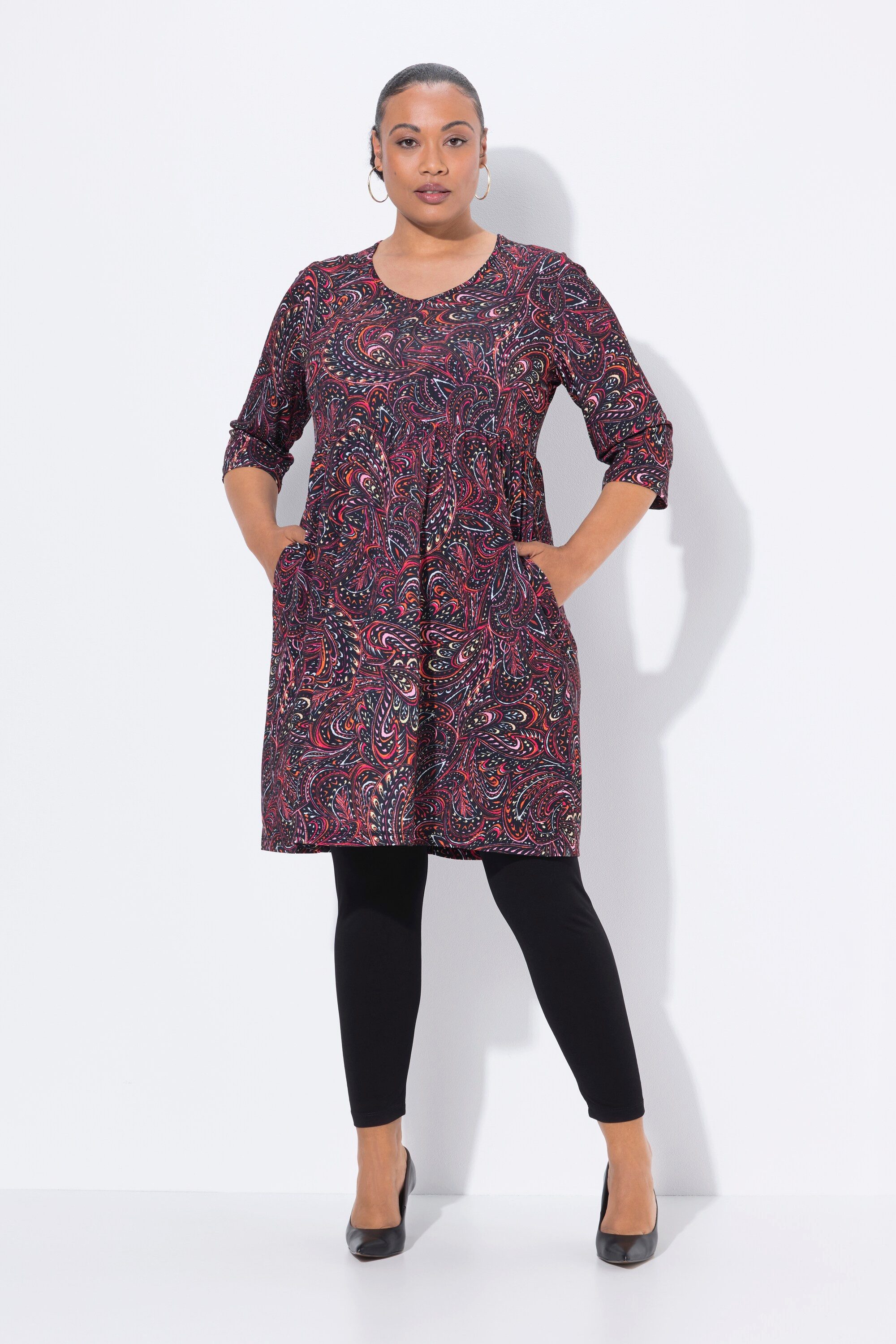 Maxikleid Longshirt Paisley A-Linie V-Ausschnitt 3/4-Arm