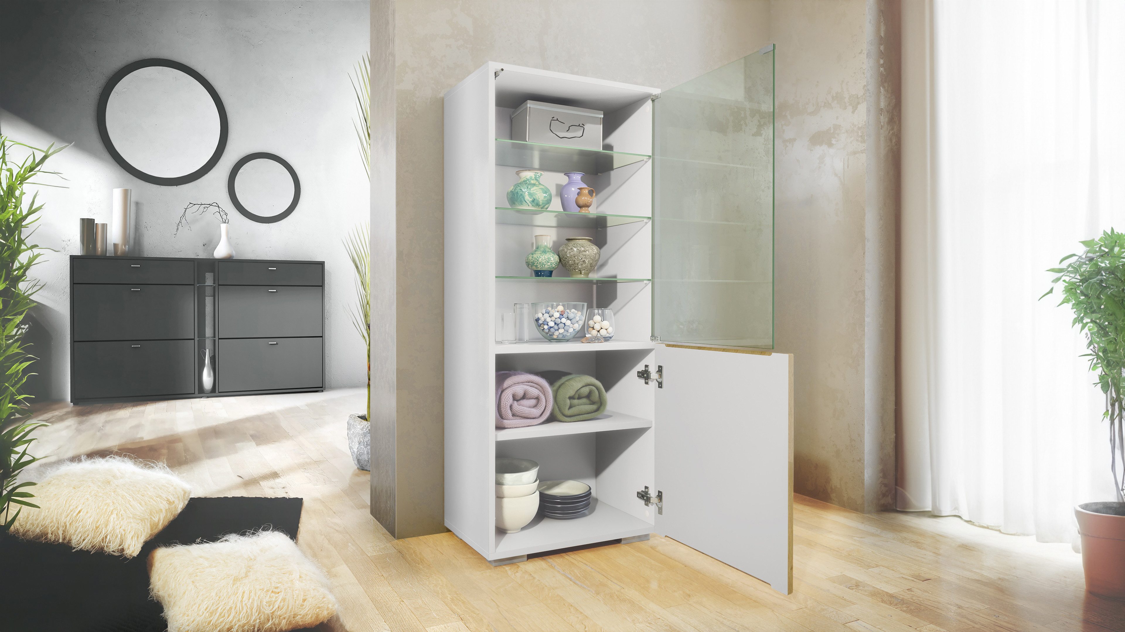 Vladon Standvitrine Granada (Vitrinenschrank, mit Glastür und Glaseinsatz) Weiß matt/Eiche Nordic (50 x 122,5 x 34,5 cm)