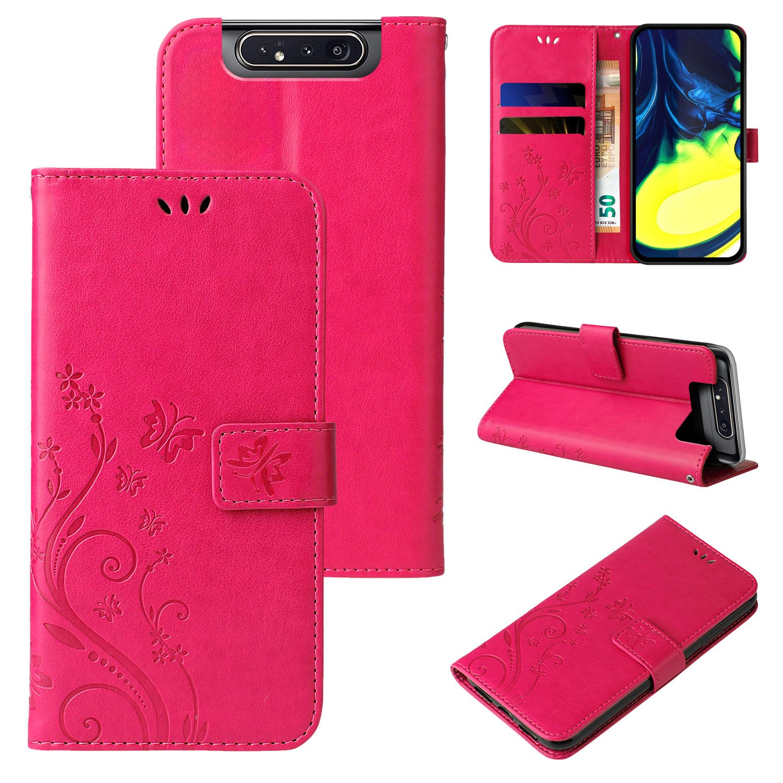 Tec-Expert Handyhülle Cover Tasche Hülle für Samsung Galaxy A80 6,7 Zoll, Klapphülle Case mit Kartenfach Fliphülle aufstellbar, Motiv Blumen