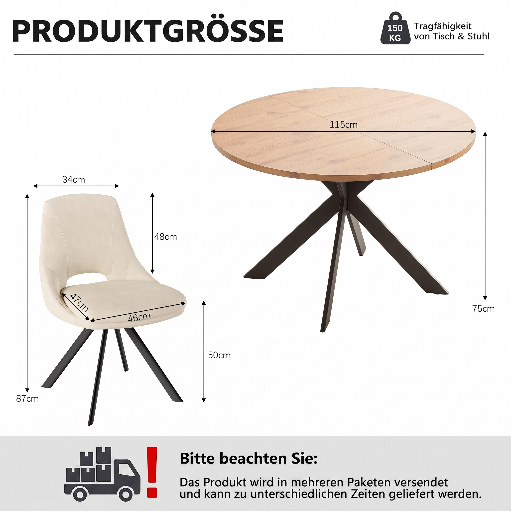 Jiexi Essgruppe Essgruppe Runder Tisch Ø 115cm Eiche Sternfuß & Flanell Stühle – Bild 3 von 5